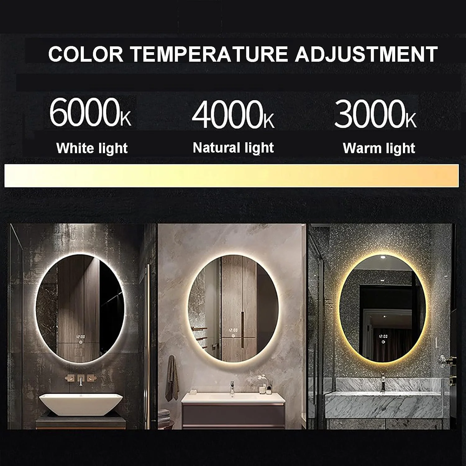 آینه حمام، آینه بیضی شکل دیواری با نور LED، آینه ضد بخار حمام با کلید لمسی کم نور، سه حالت نورپردازی