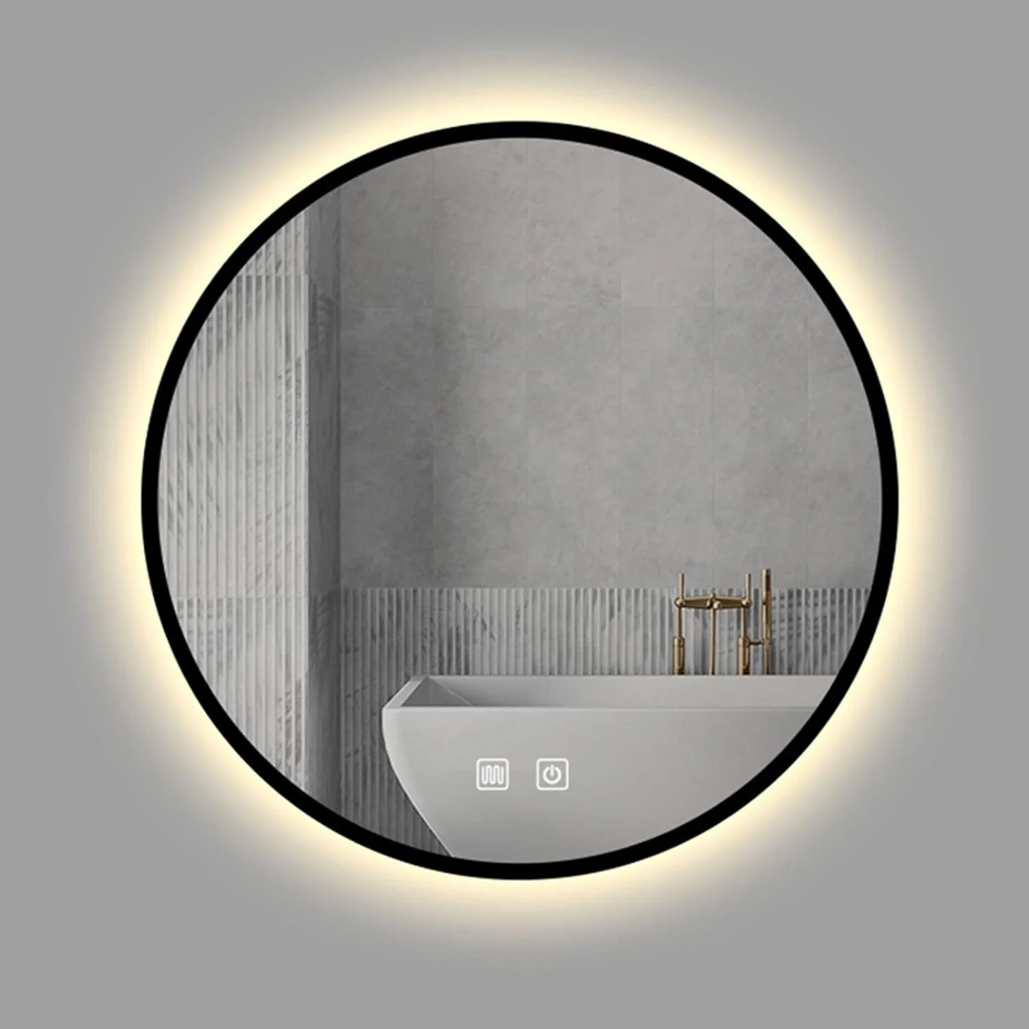 آینه گرد ال ای دی برای حمام، آینه آرایشی دیواری، نور گرم با روشنایی قابل تنظیم، آینه روشویی با نور پس زمینه و قاب، لمسی، 50 سانتی متر / 60 سانتی متر / 70 سانتی متر (رنگ: مشکی-گرم-لمسی بدون بخار، اندازه: 60 سانتی متر)