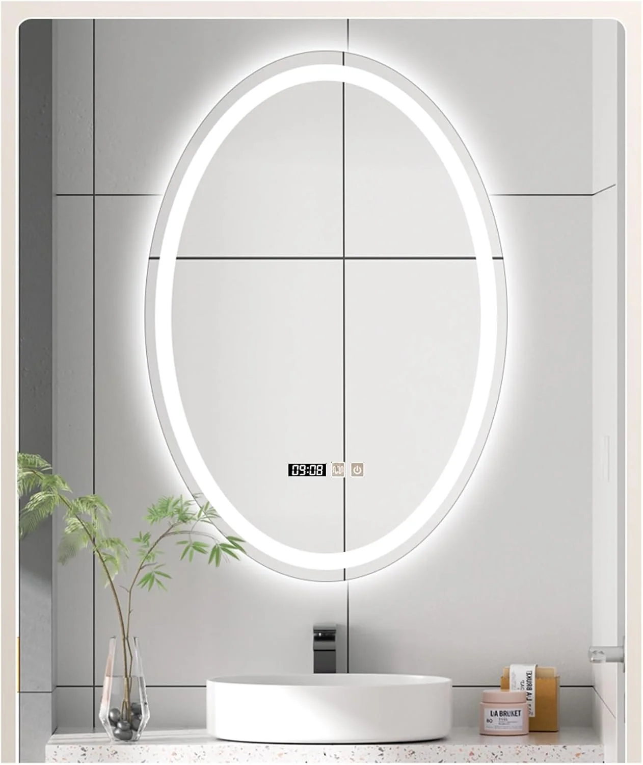 آینه بیضی دیواری حمام با چراغ های ال ای دی، آینه حمام بیضی با نور ال ای دی، ضد بخار، 3 رنگ قابل تنظیم (B, W60*H80cm/W23.6*H31.5IN)