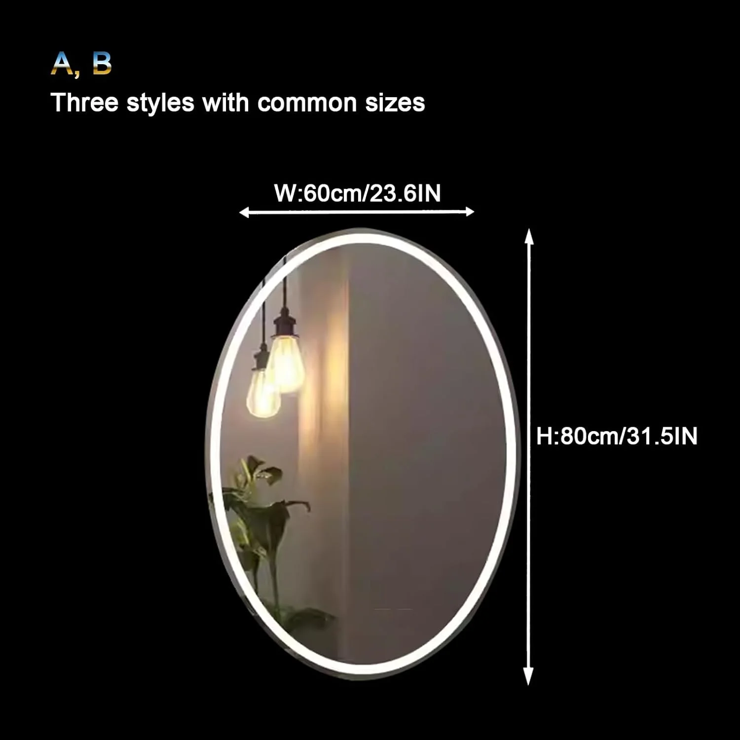 آینه بیضی دیواری حمام با چراغ های ال ای دی، آینه حمام بیضی با نور ال ای دی، ضد بخار، 3 رنگ قابل تنظیم (B, W60*H80cm/W23.6*H31.5IN)