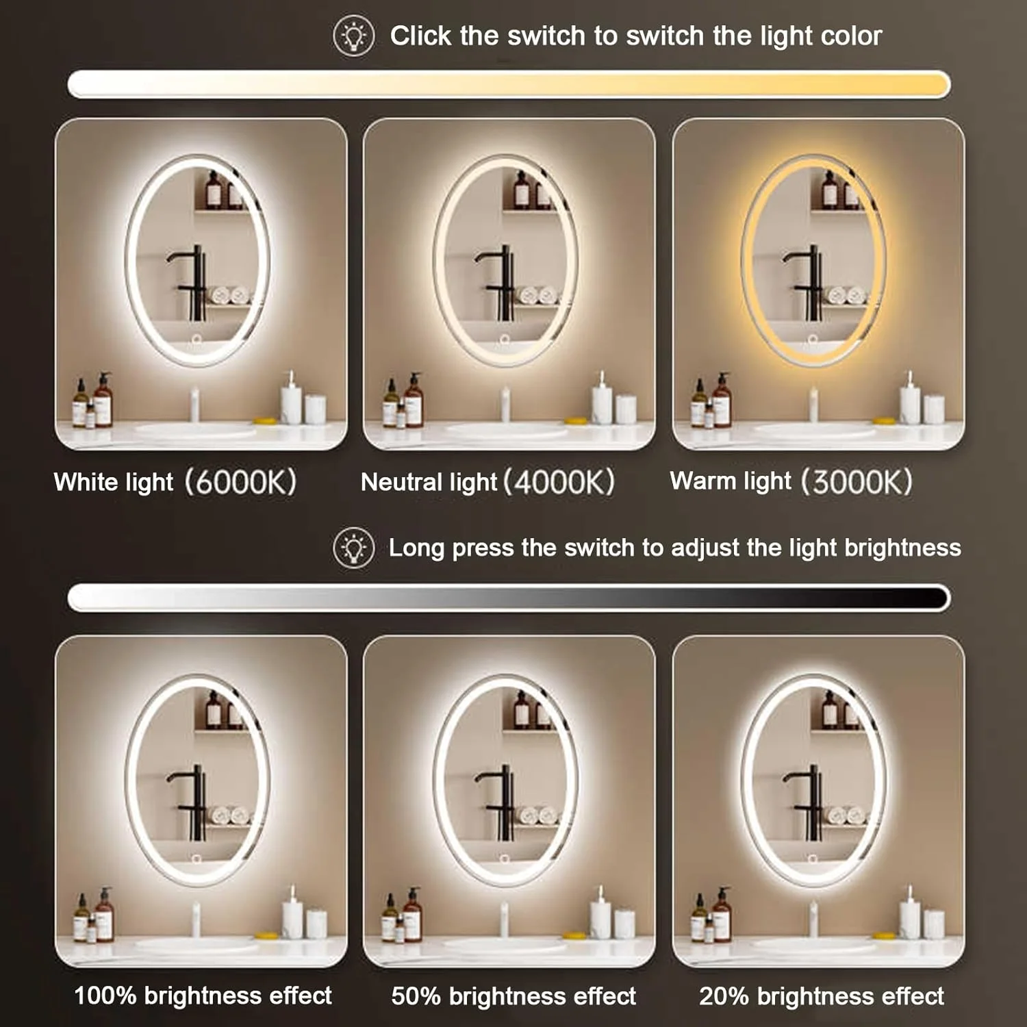 آینه بیضی دیواری حمام با چراغ های ال ای دی، آینه حمام بیضی با نور ال ای دی، ضد بخار، 3 رنگ قابل تنظیم (B, W60*H80cm/W23.6*H31.5IN) آینه بیضی دیواری حمام با چراغ های ال ای دی، آینه حمام بیضی با نور ال ای دی، ضد بخار، 3 رنگ قابل تنظیم (B, W60*H80cm/W23.6*H31.5IN)