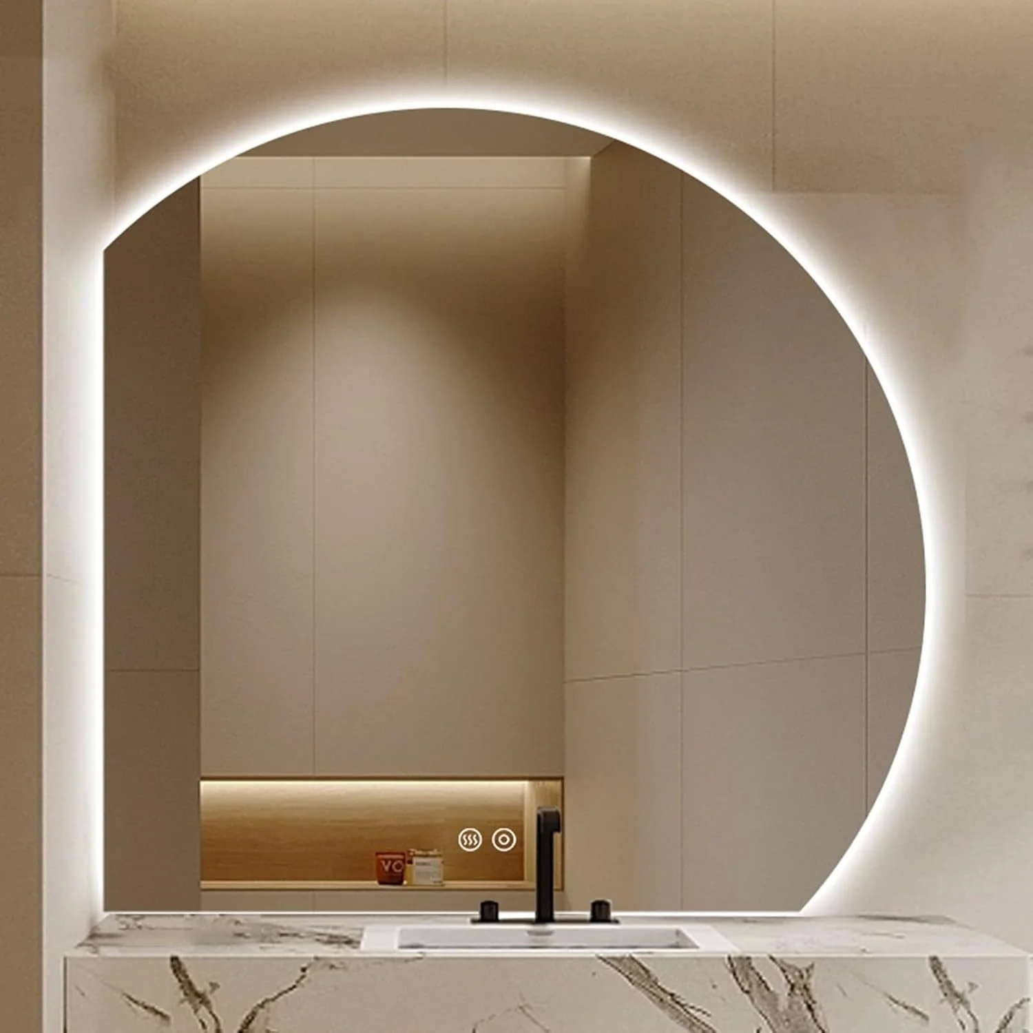 آینه ال ای دی دیواری حمام، آینه آرایشی ضد بخار با قابلیت تنظیم نور پیوسته برای دکور اتاق خواب و نشیمن - آینه روشویی نیم دایره (R 90x90CM(35.4X35.4in))