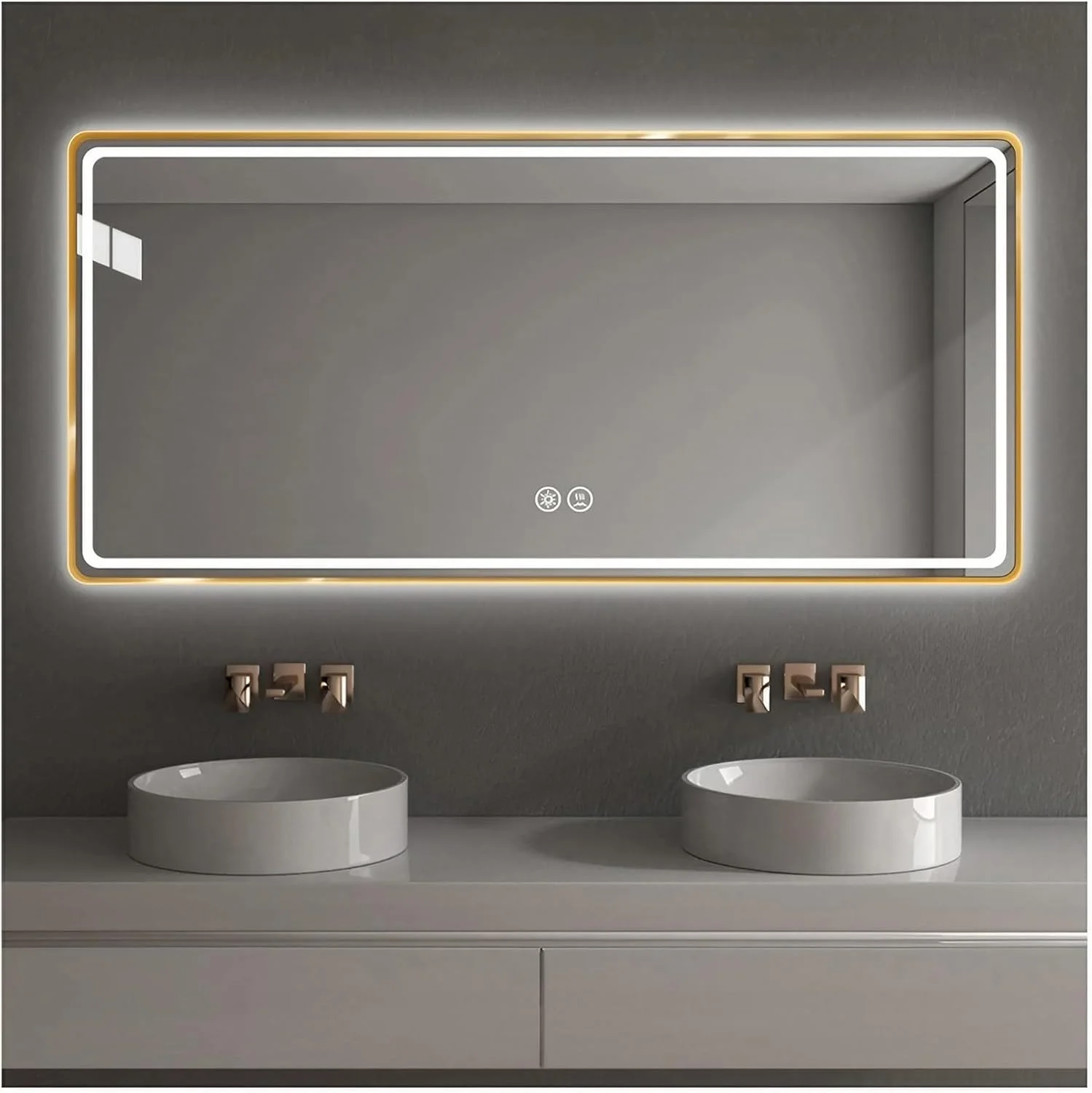 آینه حمام ال ای دی دار 50 در 70 سانتی متر، آینه آرایشی دیواری با 3 رنگ قابل تنظیم، آینه ضد بخار