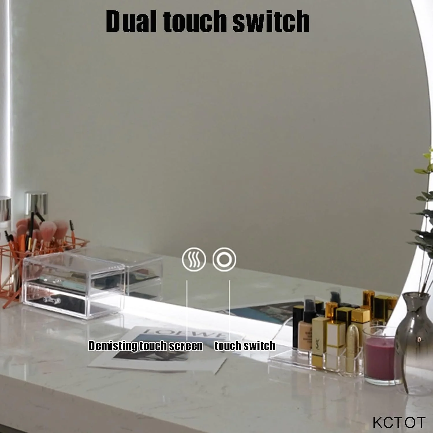 آینه ال ای دی دیواری حمام، آینه آرایشی ضد بخار با قابلیت تنظیم نور پیوسته برای دکور اتاق خواب و نشیمن - آینه روشویی نیم دایره (R 90x90CM(35.4X35.4in))