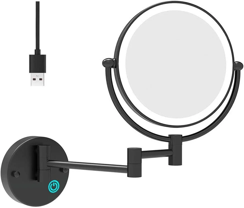 آینه آرایشی دیواری LED مشکی 8 اینچی، آینه دو طرفه شارژی USB با بزرگنمایی 1X/5X، آینه اصلاح با نور LED قابل تنظیم و چرخش 360 درجه
