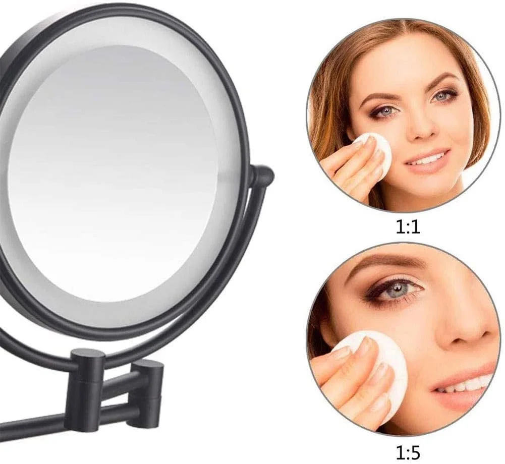 آینه آرایشی دیواری LED مشکی 8 اینچی، آینه دو طرفه شارژی USB با بزرگنمایی 1X/5X، آینه اصلاح با نور LED قابل تنظیم و چرخش 360 درجه