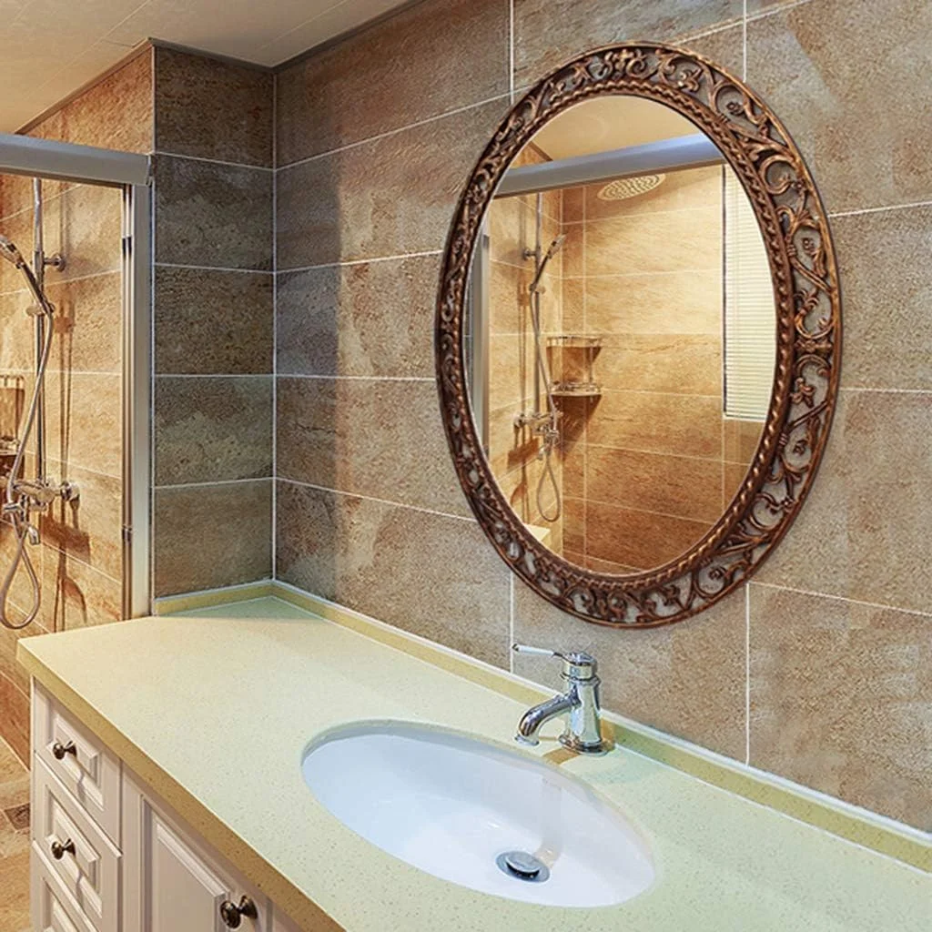 آینه روشویی طرح دار، آینه دیواری تزئینی با طرح قدیمی مناسب حمام هتل، رستوران، مرکز خرید، آینه آرایش 73 * 90 سانتی متر، سبک های متنوع (رنگ: برنجی، اندازه: 73 * 90 سانتی متر)
