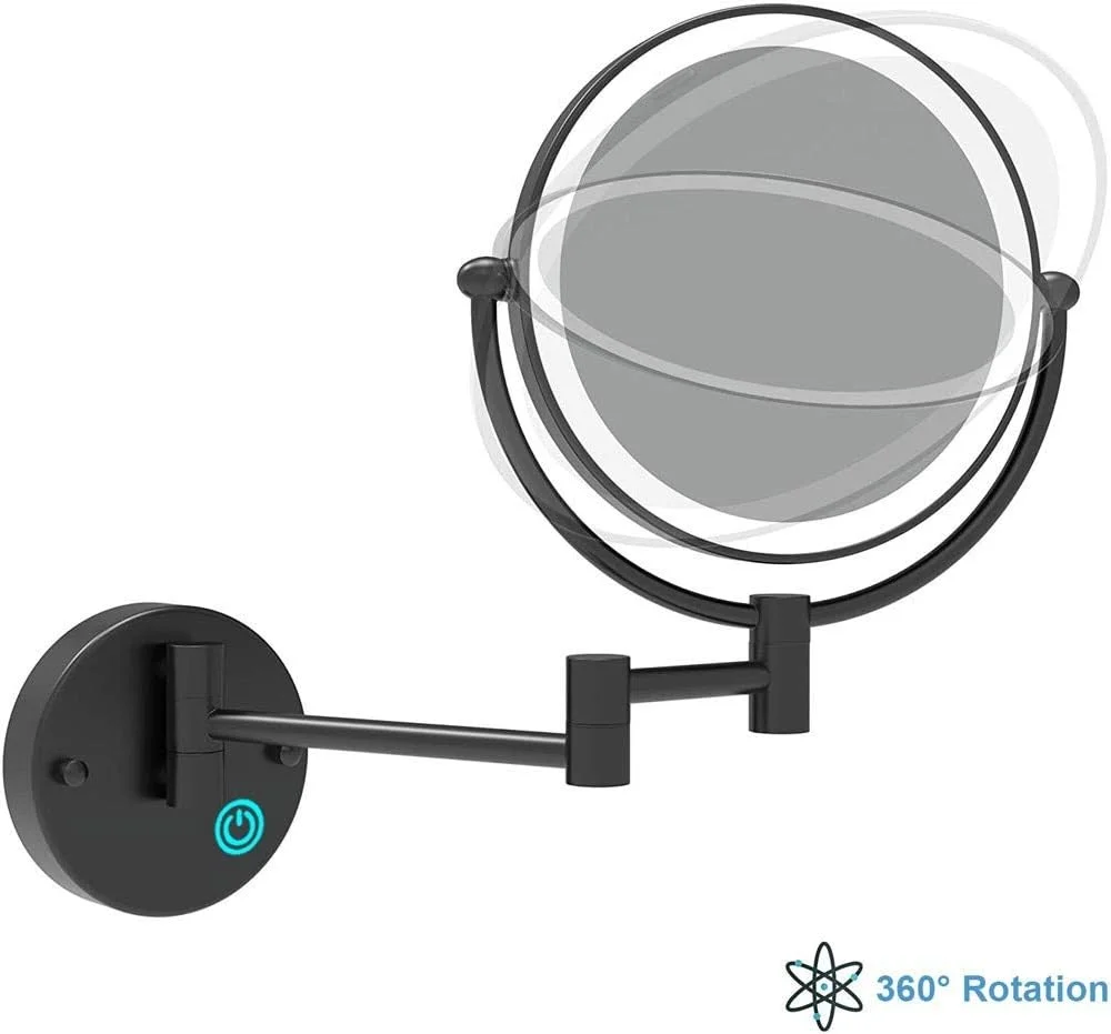 آینه آرایشی دیواری LED مشکی 8 اینچی، آینه دو طرفه شارژی USB با بزرگنمایی 1X/5X، آینه اصلاح با نور LED قابل تنظیم و چرخش 360 درجه