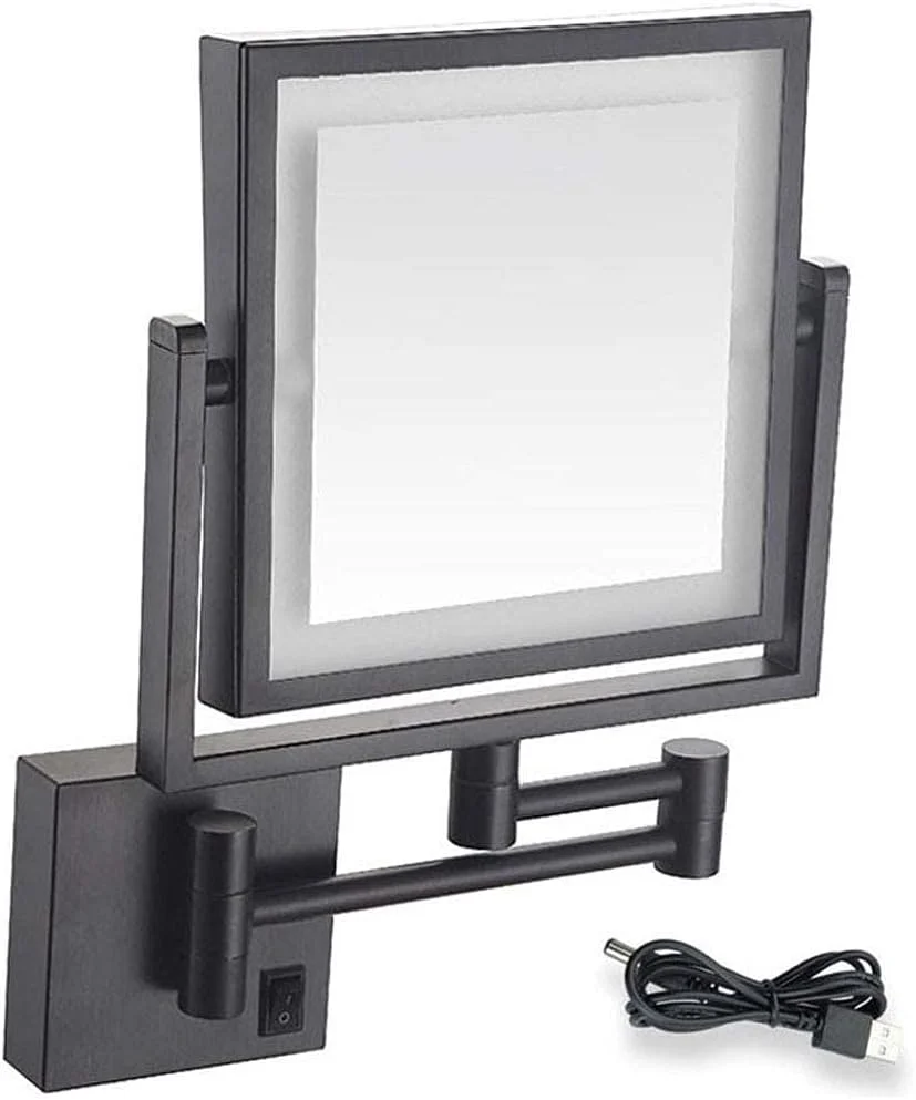 آینه مربع حمام، آینه اصلاح، آینه آرایش دیواری با قابلیت شارژ USB، آینه LED با بزرگنمایی 3 برابر، دکوراسیون ساده و لوکس برای هتل، روشویی با دو چرخش (رنگ: مشکی)