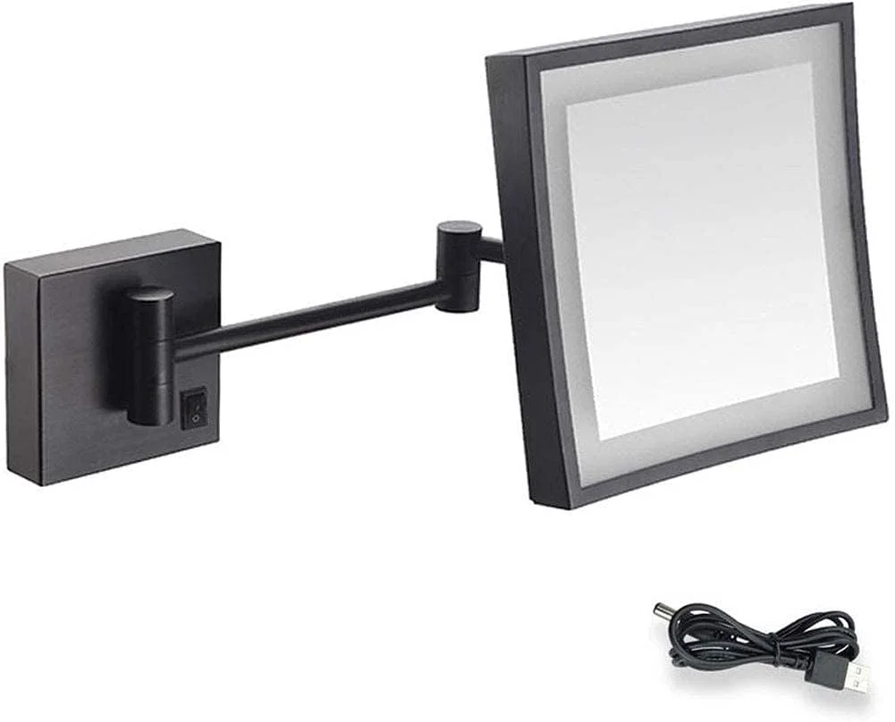 آینه آرایشی حمام، آینه دیواری با قابلیت شارژ USB و نور LED، بزرگنمایی 3 برابر، قابل افزایش طول برای روشویی هتل (رنگ: برنز مشکی)