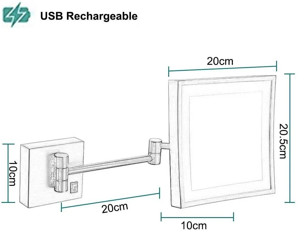 آینه آرایشی حمام، آینه دیواری با قابلیت شارژ USB و نور LED، بزرگنمایی 3 برابر، قابل افزایش طول برای روشویی هتل (رنگ: برنز مشکی)