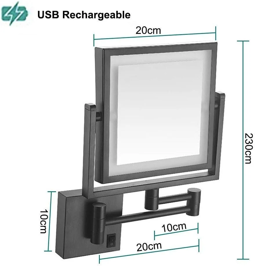 آینه مربع حمام، آینه اصلاح، آینه آرایش دیواری با قابلیت شارژ USB، آینه LED با بزرگنمایی 3 برابر، دکوراسیون ساده و لوکس برای هتل، روشویی با دو چرخش (رنگ: مشکی)
