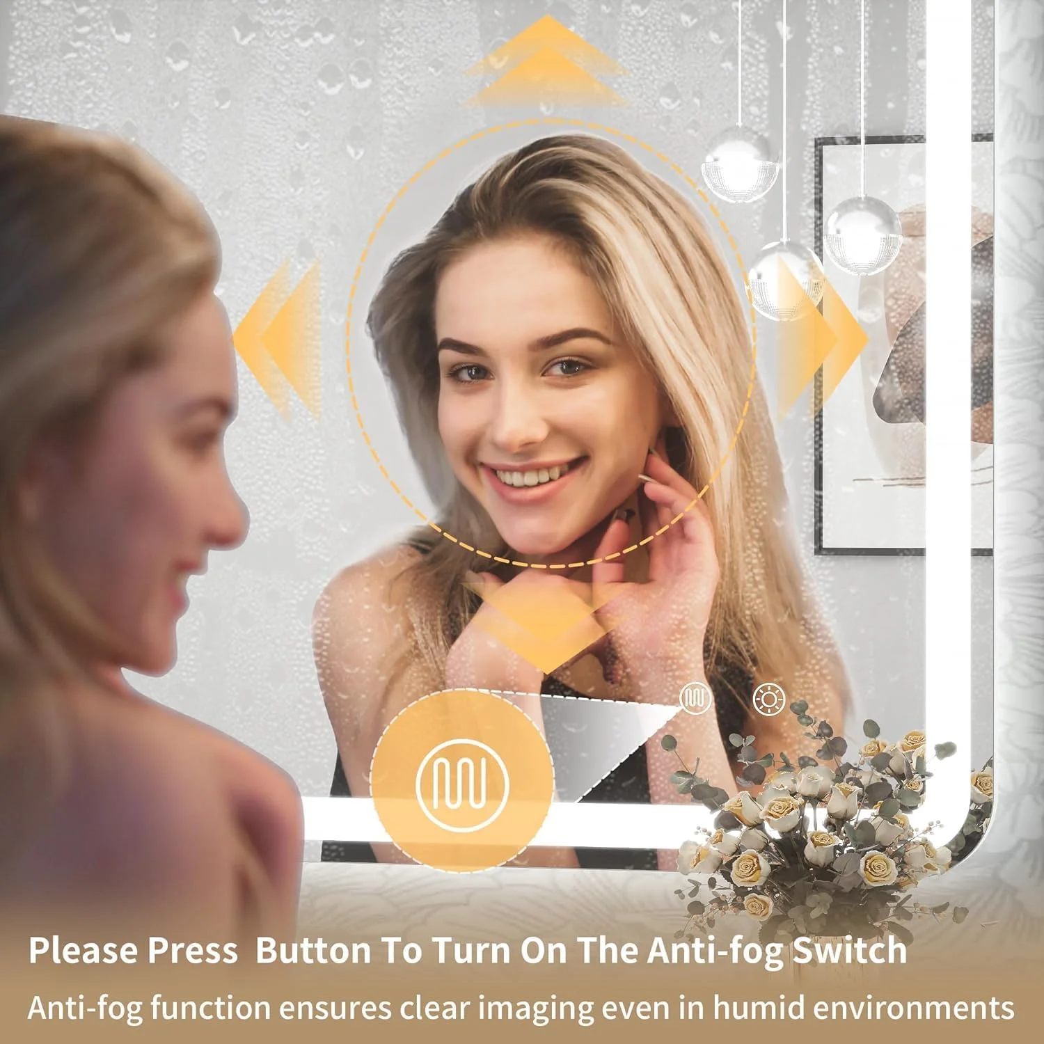 آینه حمام ال ای دی 70X90 سانتی متر، گوشه گرد مستطیلی بدون قاب، دارای 3 رنگ نور و نورپردازی قابل تنظیم، ضد بخار، آینه دیواری آویز (70X90 سانتی متر)