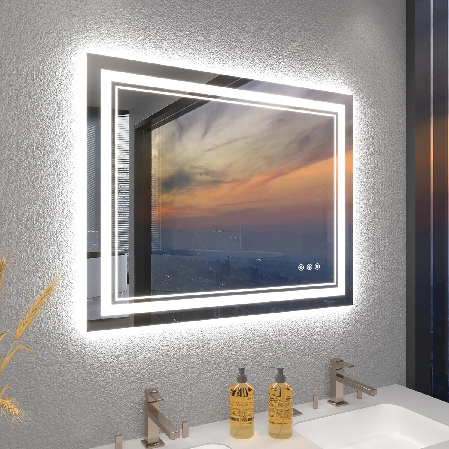 آینه ال ای دی 102x81 سانتی‌متری برای حمام، آینه مستطیلی چراغ‌دار دیواری برای روشویی، اتاق خواب، طراحی مدرن بدون قاب با نور پس‌زمینه و 2 نور جلویی، ضد بخار، دیمر دار، نصب 1 دقیقه‌ای