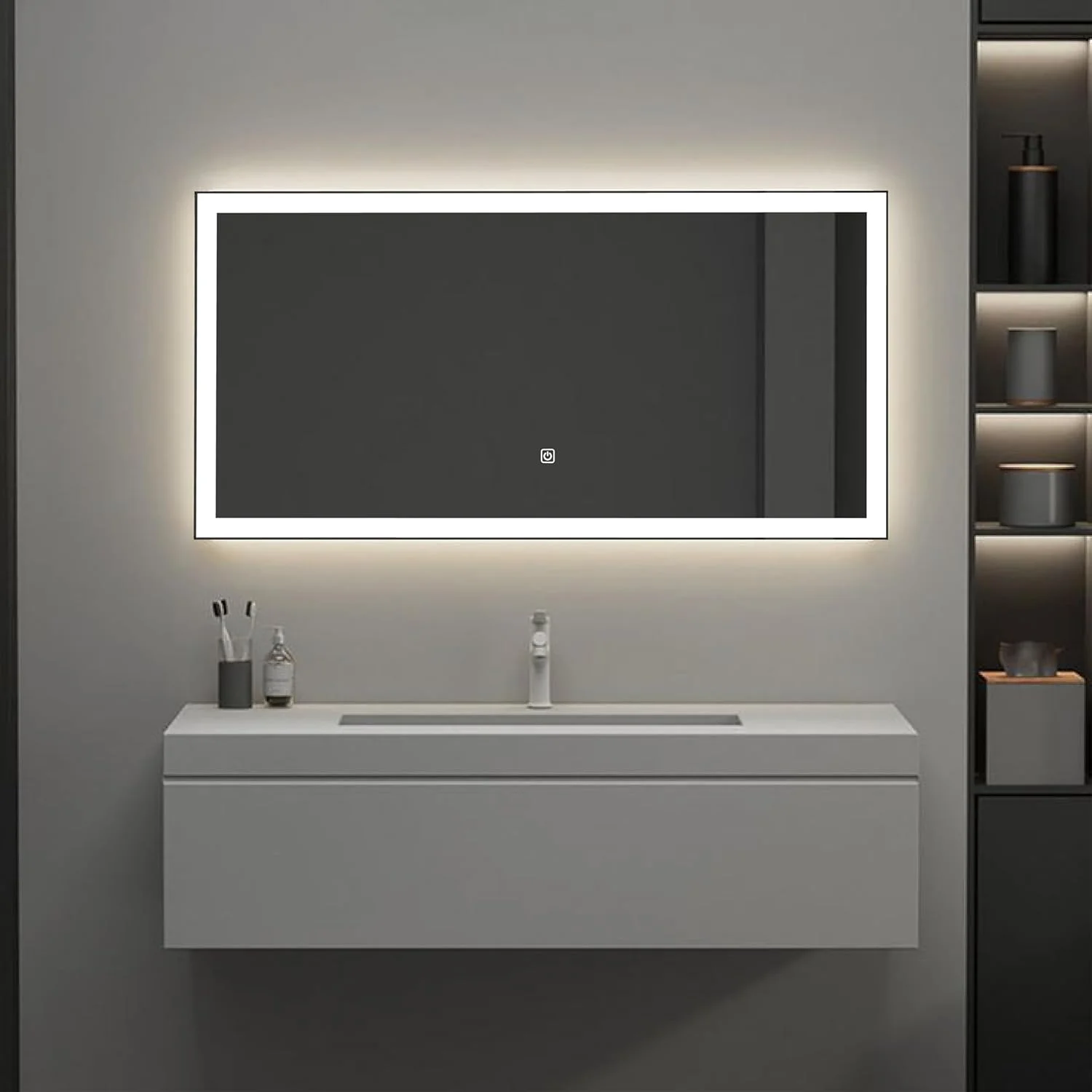 آینه حمام اکو با نور ال ای دی 60x80 سانتی متر، آینه روشویی مستطیلی دیواری با نور پس زمینه 3 رنگ و کلید لمسی هوشمند، مناسب برای خانه، مسکونی و تجاری