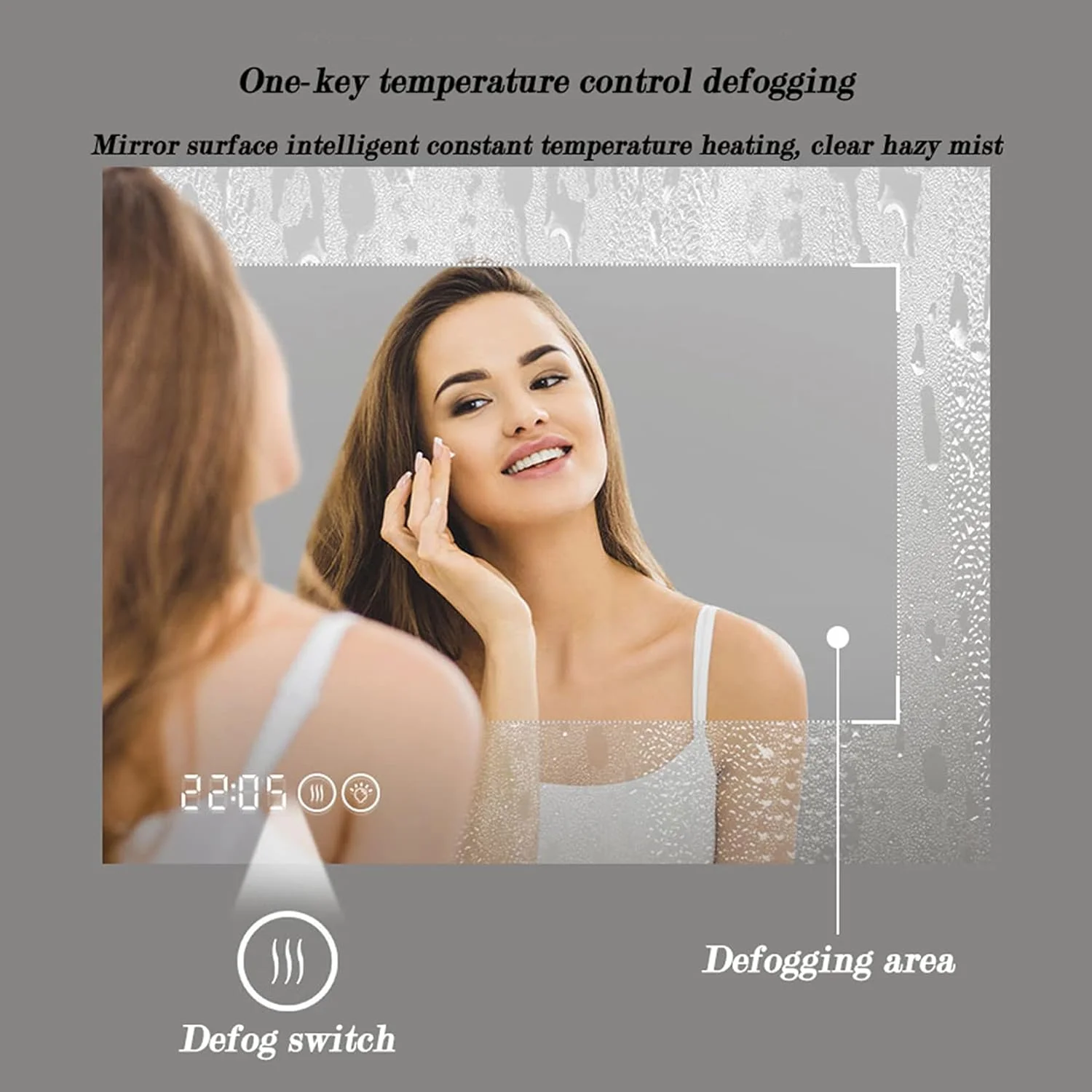 آینه حمام با چراغ های ال ای دی، کلید لمسی، آینه مستطیلی دیواری، نور سفید/نور گرم، ضد آب IP65، افقی/عمودی، نور گرم - 70x90 سانتی متر