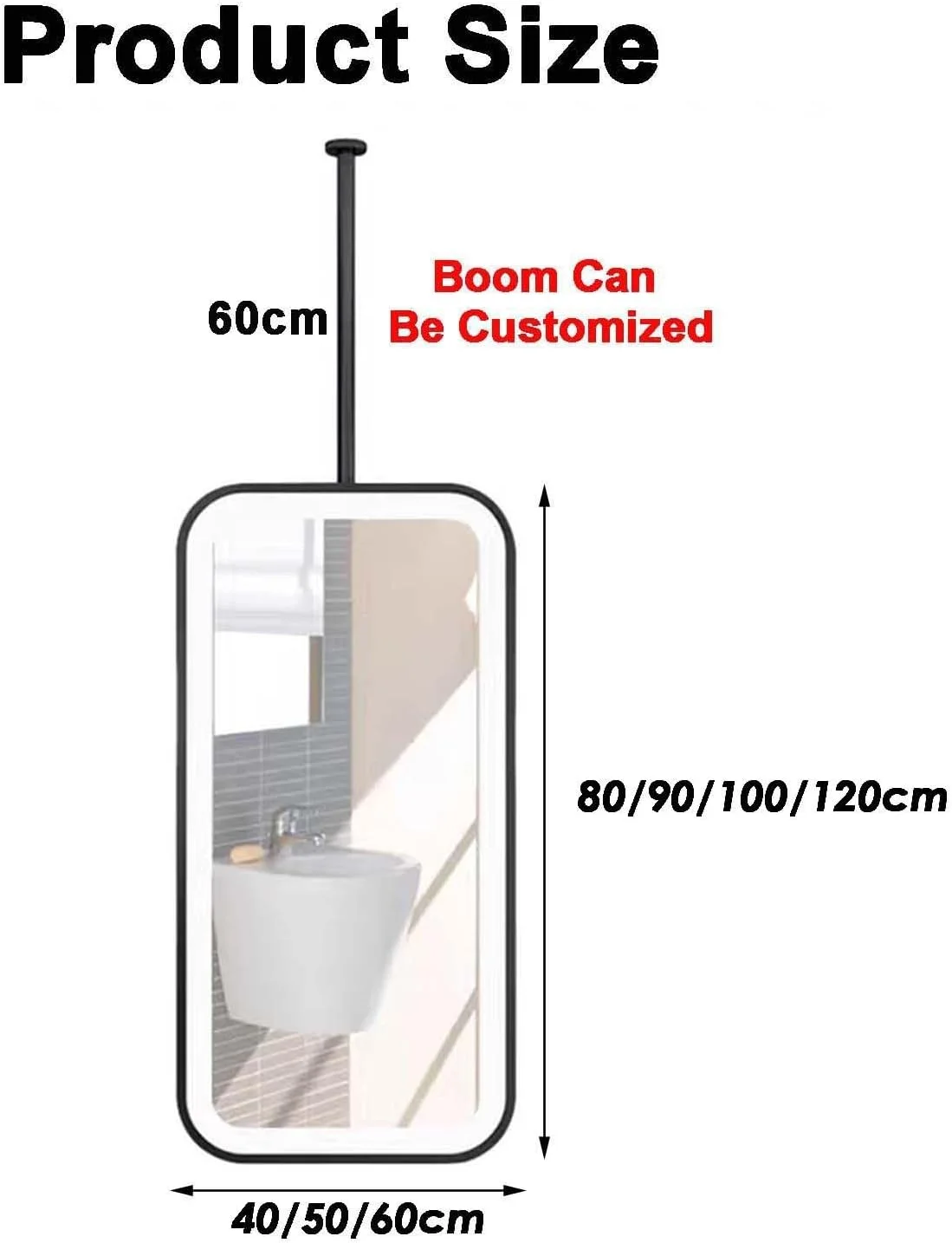 آینه حمام با نور LED، آینه سقفی مستطیلی، آینه روشویی مربعی شناور برای خانه یا هتل، آینه شیشه ای تزئینی مینیمالیستی (رنگ 2، 60x100 سانتی متر)