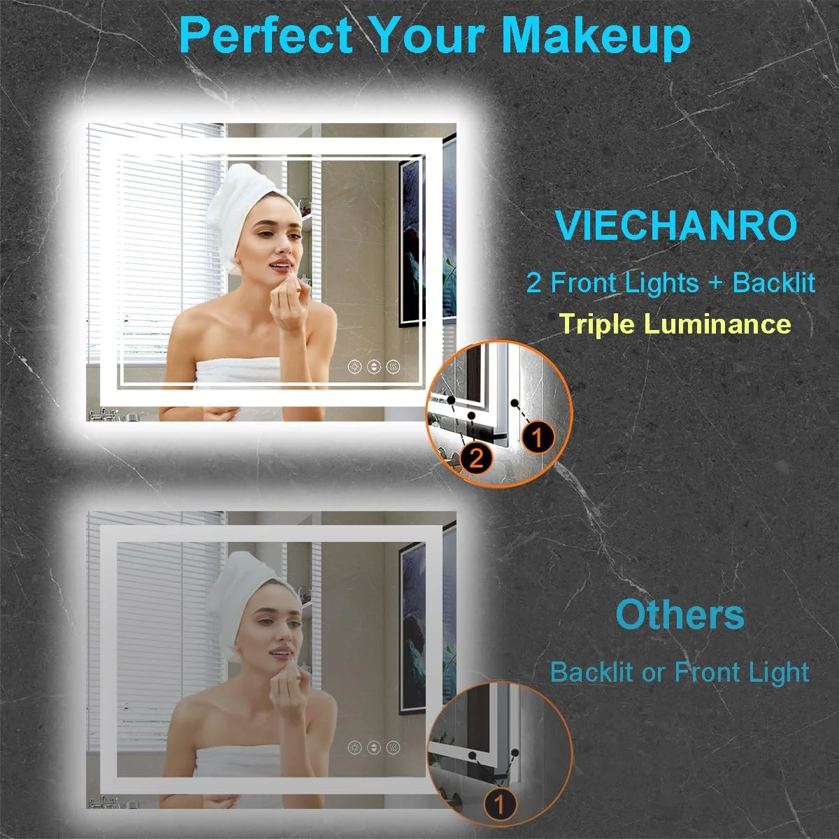 آینه ال ای دی 102x81 سانتی‌متری برای حمام، آینه مستطیلی چراغ‌دار دیواری برای روشویی، اتاق خواب، طراحی مدرن بدون قاب با نور پس‌زمینه و 2 نور جلویی، ضد بخار، دیمر دار، نصب 1 دقیقه‌ای