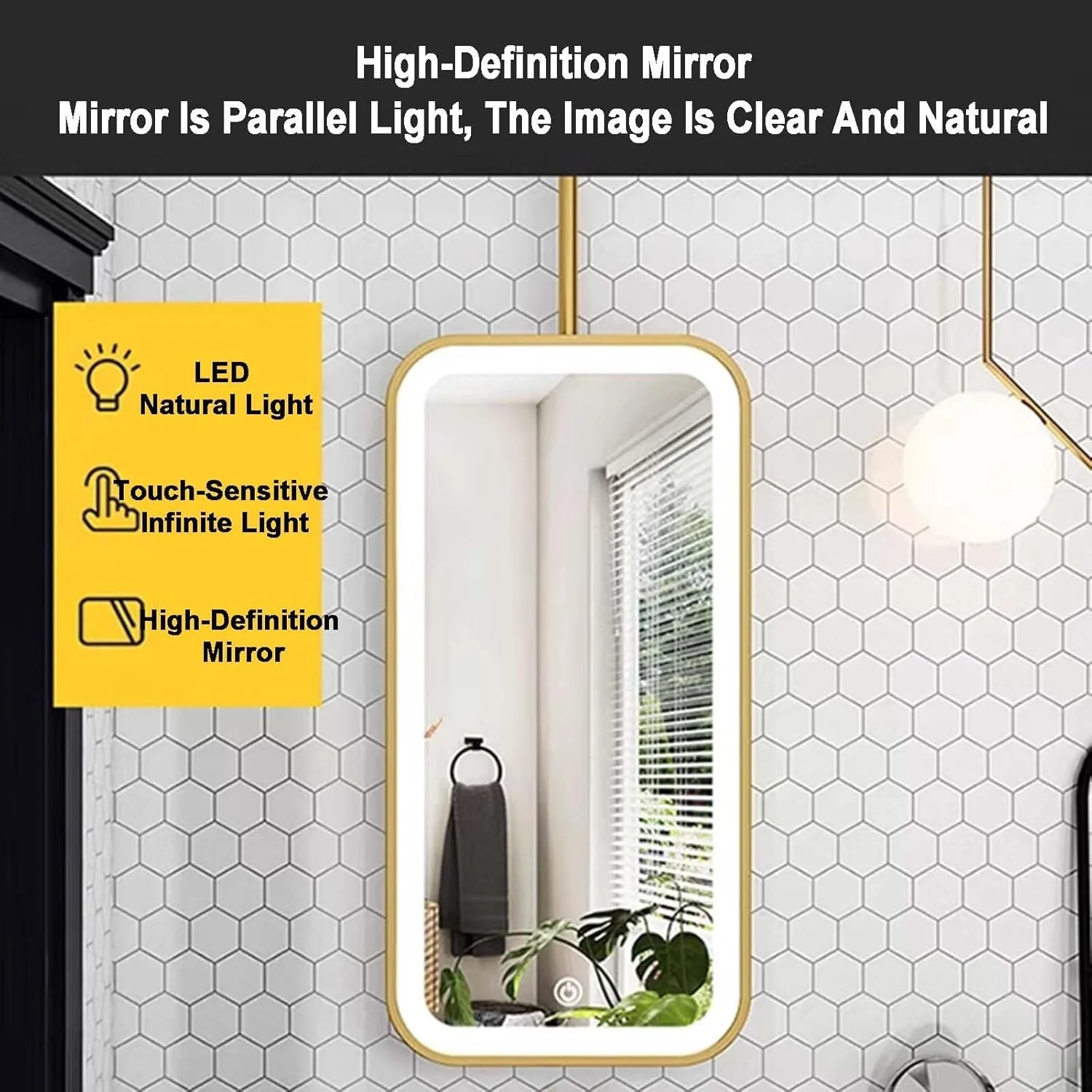 آینه حمام با نور LED، آینه سقفی مستطیلی، آینه روشویی مربعی شناور برای خانه یا هتل، آینه شیشه ای تزئینی مینیمالیستی (رنگ 2، 60x100 سانتی متر)