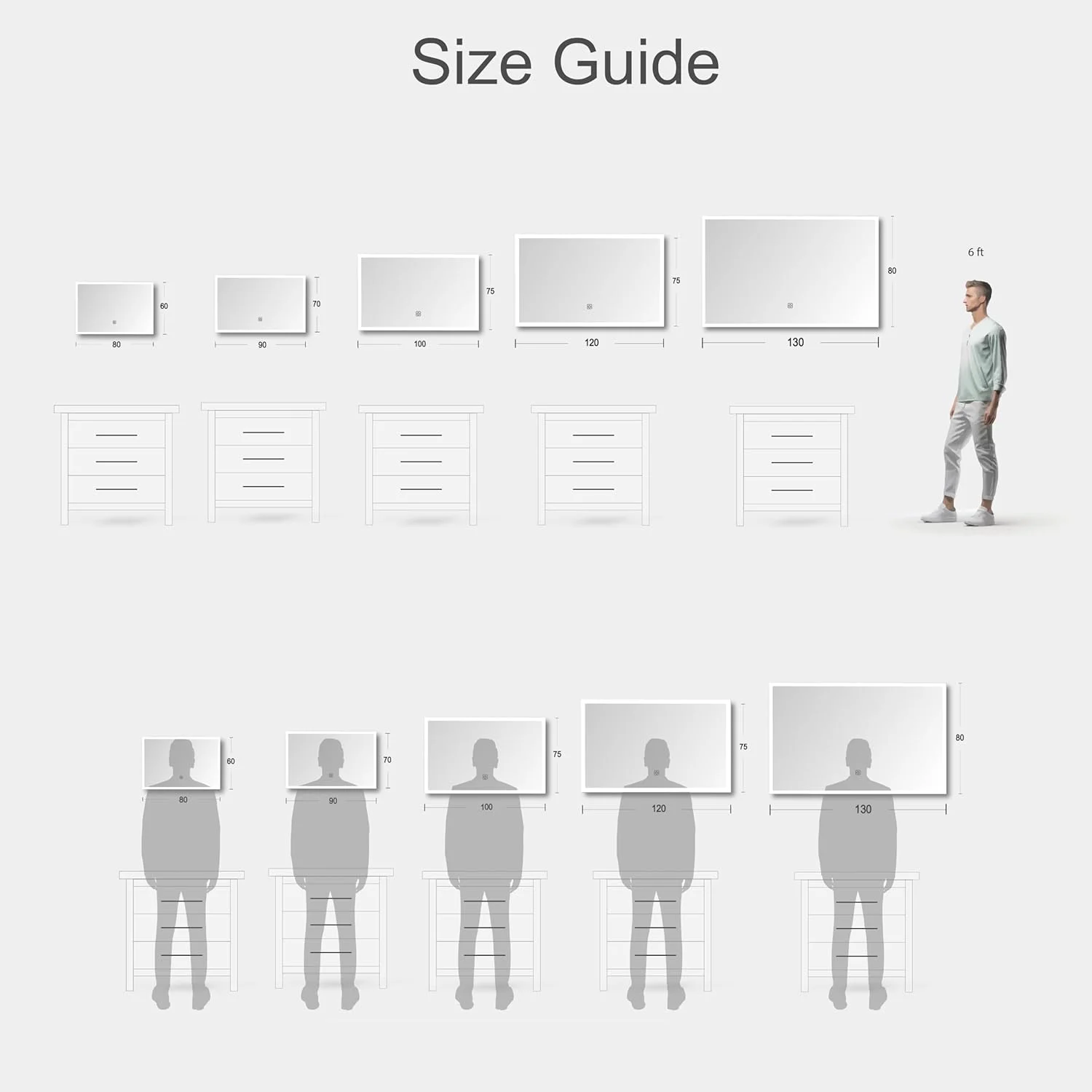 آینه حمام اکو با نور ال ای دی 60x80 سانتی متر، آینه روشویی مستطیلی دیواری با نور پس زمینه 3 رنگ و کلید لمسی هوشمند، مناسب برای خانه، مسکونی و تجاری