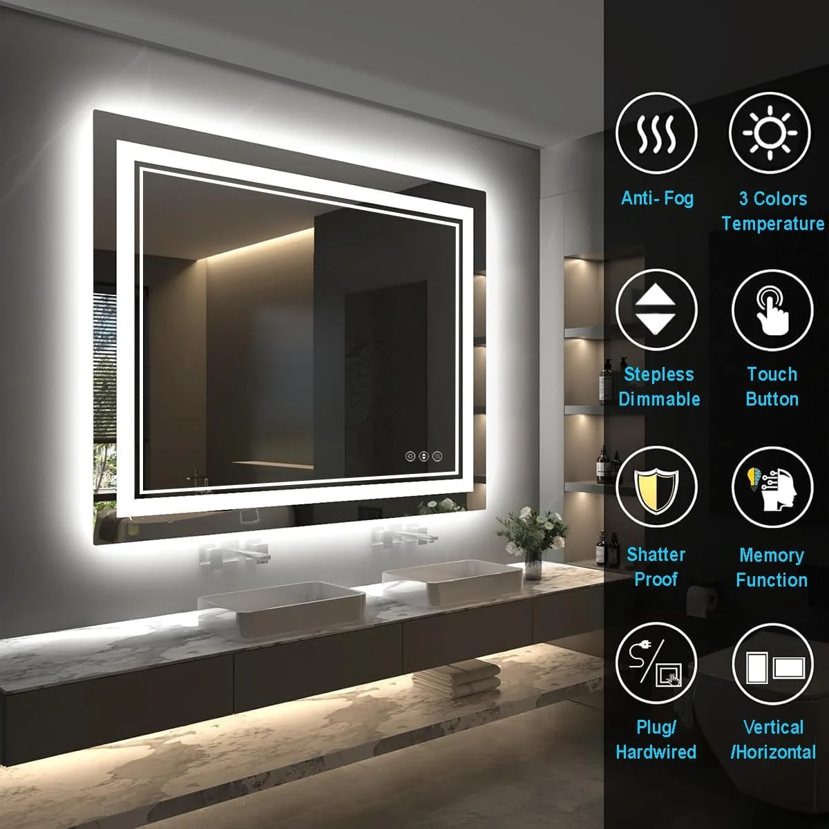 آینه ال ای دی 102x81 سانتی‌متری برای حمام، آینه مستطیلی چراغ‌دار دیواری برای روشویی، اتاق خواب، طراحی مدرن بدون قاب با نور پس‌زمینه و 2 نور جلویی، ضد بخار، دیمر دار، نصب 1 دقیقه‌ای