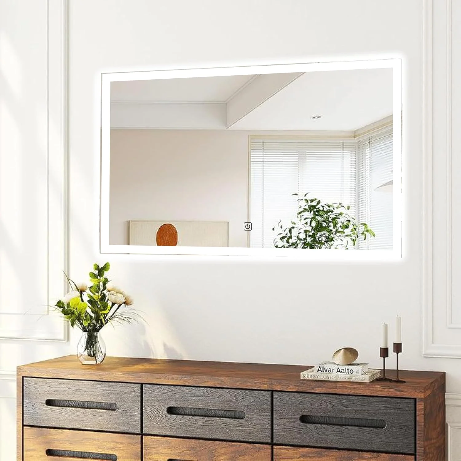 آینه حمام اکو با نور ال ای دی 60x80 سانتی متر، آینه روشویی مستطیلی دیواری با نور پس زمینه 3 رنگ و کلید لمسی هوشمند، مناسب برای خانه، مسکونی و تجاری