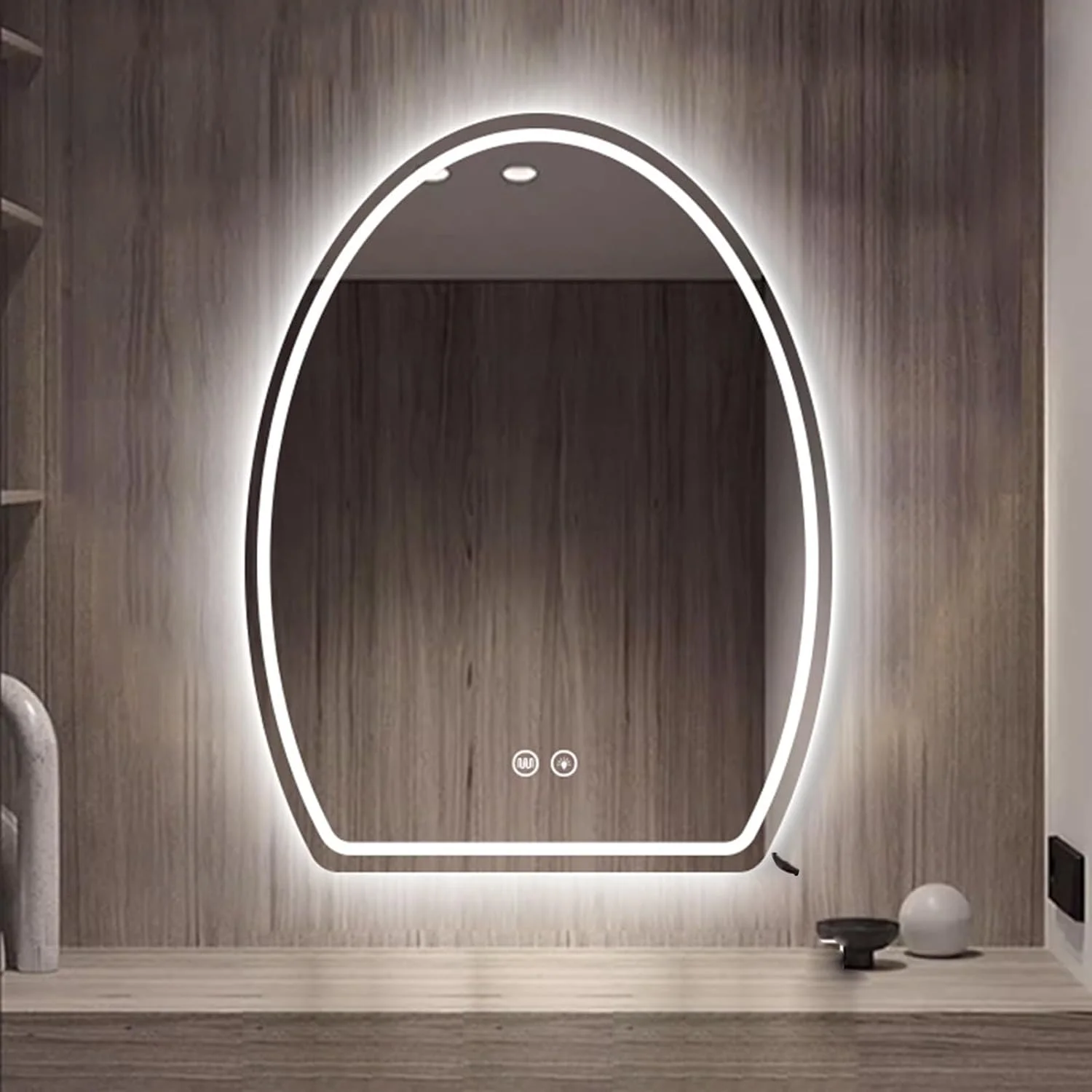 آینه حمام ال ای دی، آینه حمام نیمه بیضی بدون قاب با نورپردازی، دکمه لمسی هوشمند، روشنایی قابل تنظیم 3 رنگ، آینه روشویی ال ای دی حمام، مناسب برای حمام، اتاق خواب، هتل (نور گرم، 29.5*3