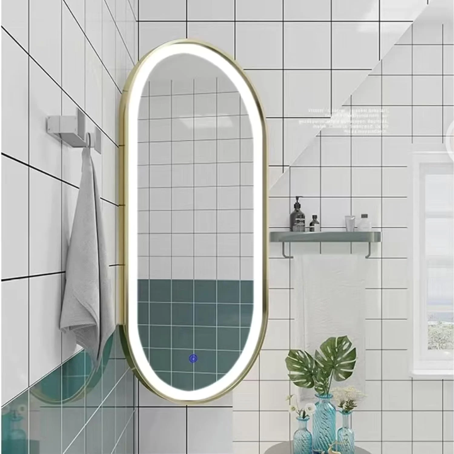 آینه بیضی ال ای دی حمام با براکت، آینه دیواری چرخشی، آینه گوشه، قاب آلیاژ آلومینیوم، 3 رنگ قابل تنظیم، عملکرد حافظه، برای حمام، اتاق رختکن، اتاق خواب
