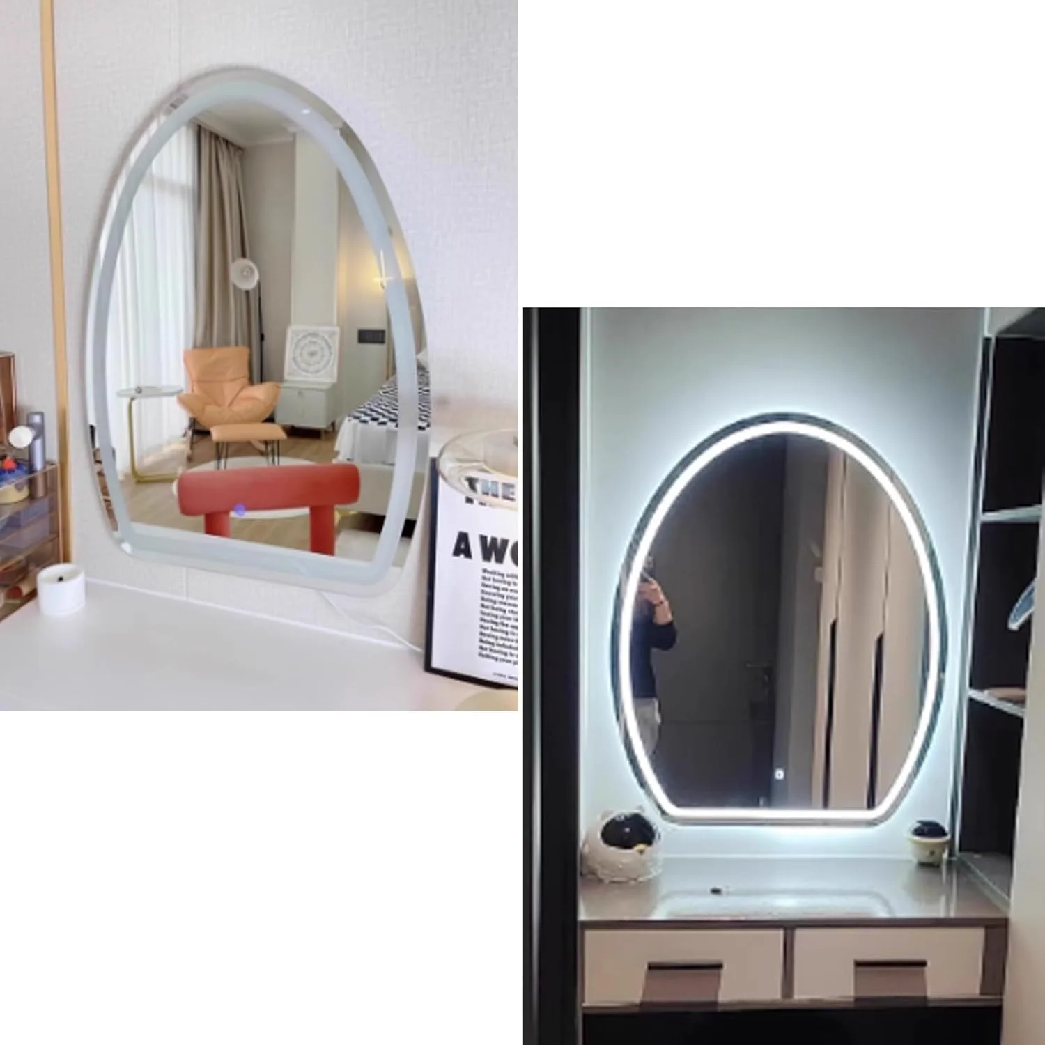 آینه حمام ال ای دی، آینه حمام نیمه بیضی بدون قاب با نورپردازی، دکمه لمسی هوشمند، روشنایی قابل تنظیم 3 رنگ، آینه روشویی ال ای دی حمام، مناسب برای حمام، اتاق خواب، هتل (نور گرم، 29.5*3