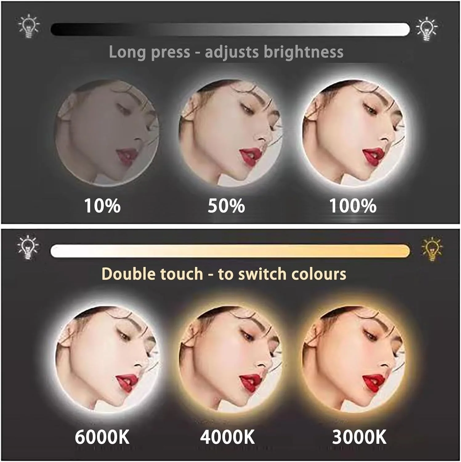 آینه بیضی ال ای دی حمام با براکت، آینه دیواری چرخشی، آینه گوشه، قاب آلیاژ آلومینیوم، 3 رنگ قابل تنظیم، عملکرد حافظه، برای حمام، اتاق رختکن، اتاق خواب