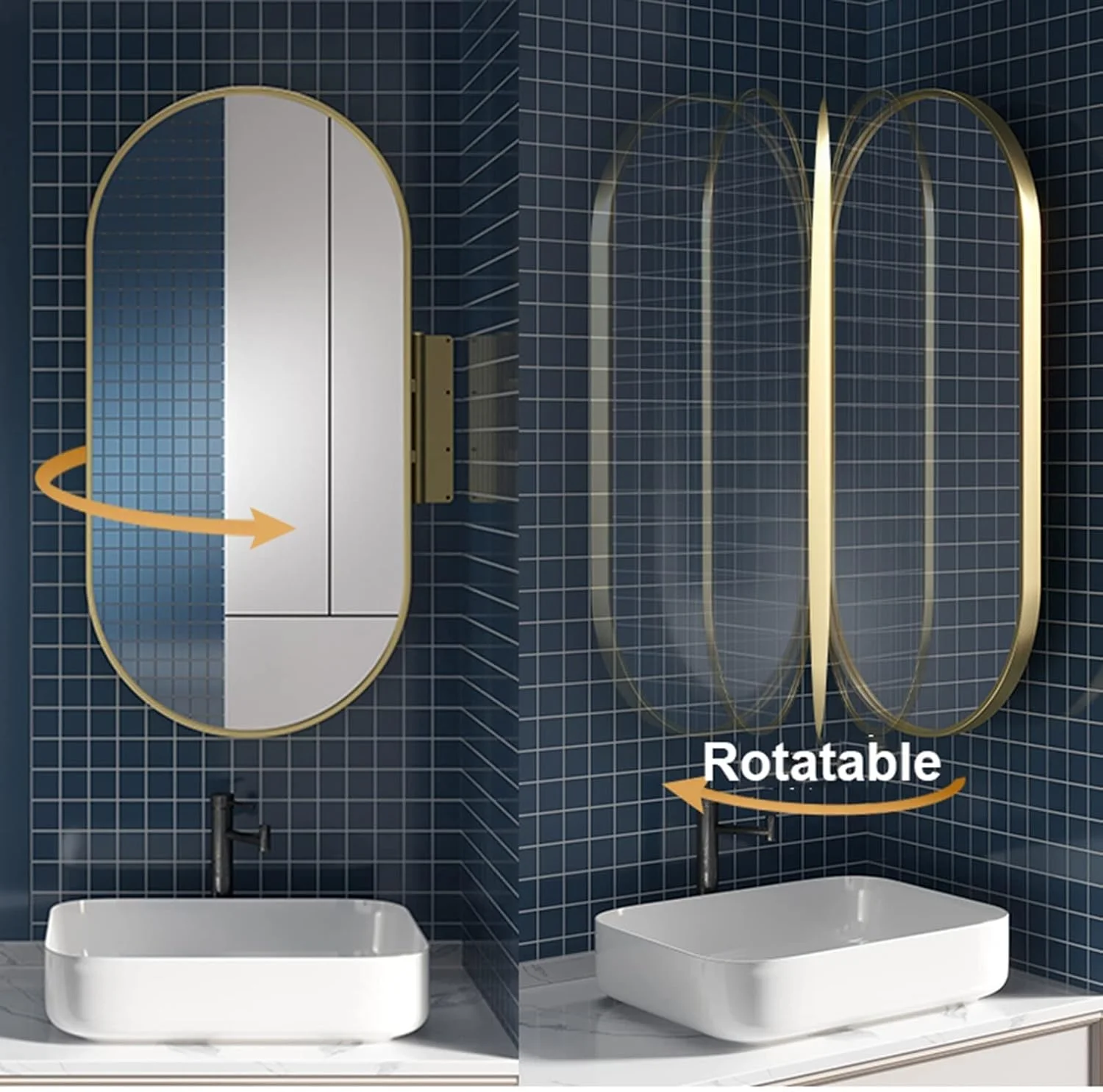 آینه بیضی ال ای دی حمام با براکت، آینه دیواری چرخشی، آینه گوشه، قاب آلیاژ آلومینیوم، 3 رنگ قابل تنظیم، عملکرد حافظه، برای حمام، اتاق رختکن، اتاق خواب