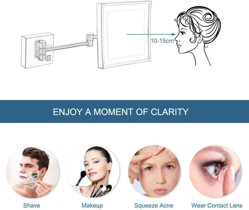 آینه حمام، آینه اصلاح صورت، آینه آرایشی دیواری با نور LED و بزرگنمایی 3 برابری، قابل افزایش طول برای روشویی هتل (رنگ: برنز مشکی)