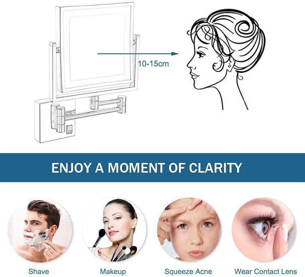 آینه آرایشی حمام، آینه دیواری LED با بزرگنمایی 3 برابر، طراحی ساده و لوکس برای تزئین هتل و میز آرایش، دارای دو بازوی چرخشی