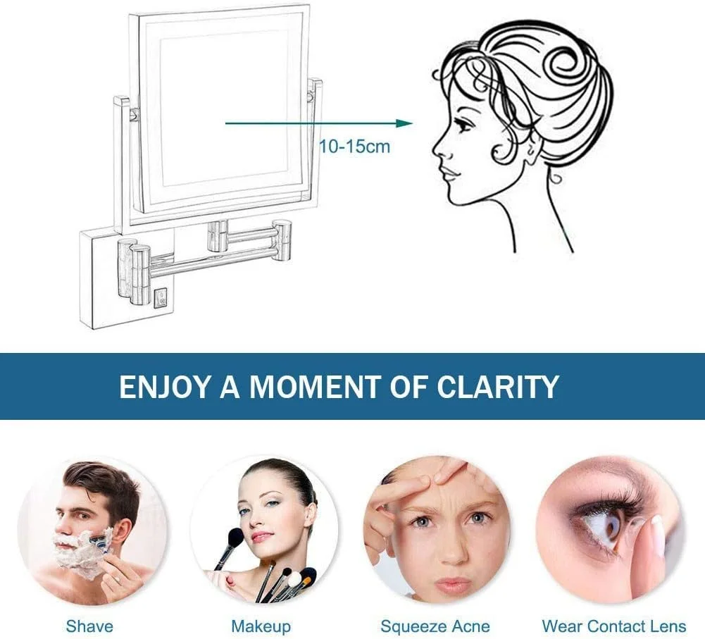 آینه آرایشی دیواری حمام با نور LED و بزرگنمایی 3X، طراحی ساده و لوکس برای تزئین هتل و میز آرایش، دو طرفه چرخشی مربع (رنگ: عتیقه)