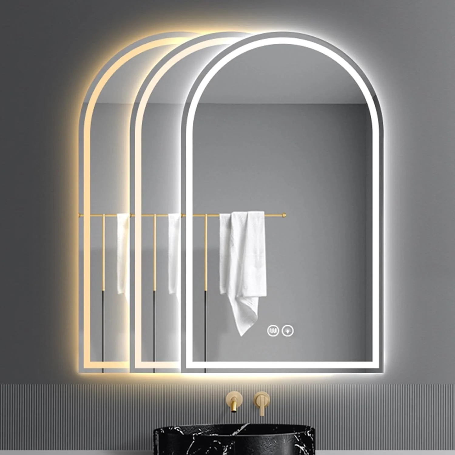 آینه حمام با چراغ، آینه روشویی قوسی با چراغ، 3 رنگ با قابلیت تنظیم نور پیوسته، آینه آرایش LED دیواری با ضد بخار، 3000-6000K قابل تنظیم، حافظه، T
