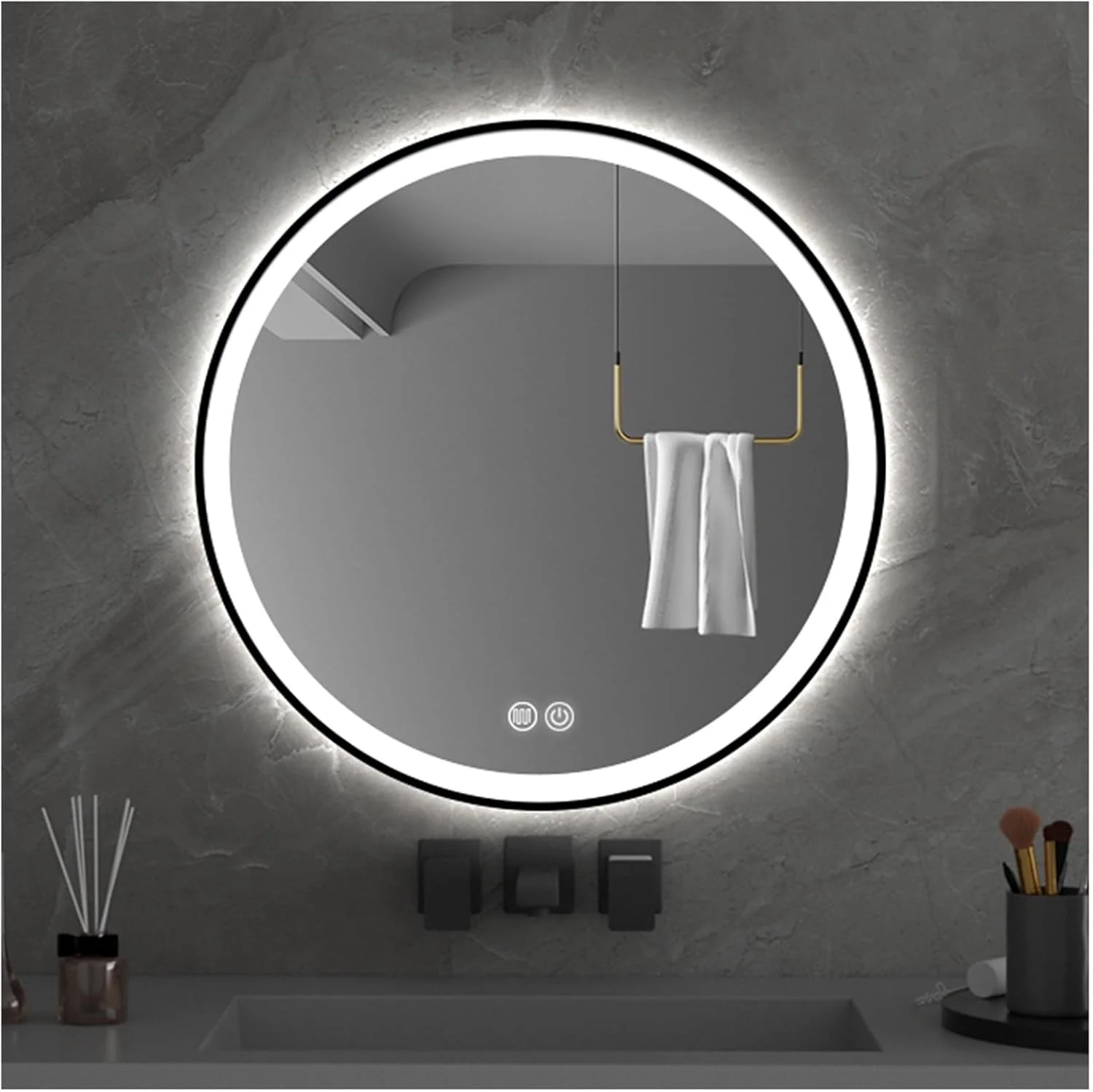 آینه حمام، آینه هوشمند حمام، آینه گرد LED دیواری با قاب آلیاژ آلومینیوم، آینه تزئینی، لمس دوگانه، سه رنگ نور، آینه آرایش ضد مه HD