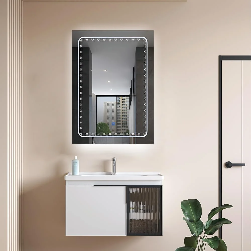 آینه حمام ال ای دی VPARTY، ابعاد 70x90 سانتی متر، آینه دیواری با نور قابل تنظیم، آینه روشویی مستطیلی با نور پس زمینه و جلو