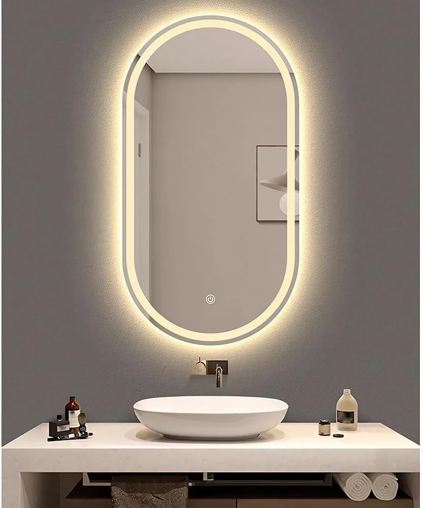 آینه حمام LED بیضی شکل 50 در 80 سانتی متر، آینه روشویی با قابلیت تنظیم نور سه رنگ و ضد بخار، آینه دیواری آرایشی با حسگر لمسی