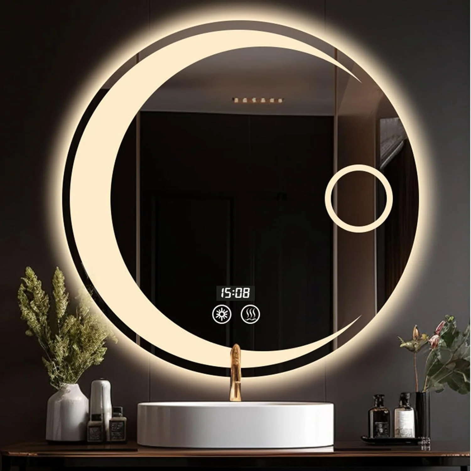 آینه حمام LED با چراغ، آینه لمسی هوشمند ماه شکل، آینه ضد مه گرد نصب شده روی دیوار حمام، ایمن و ضد انفجار، مناسب برای حمام، دکوراسیون منزل (نور سفید)