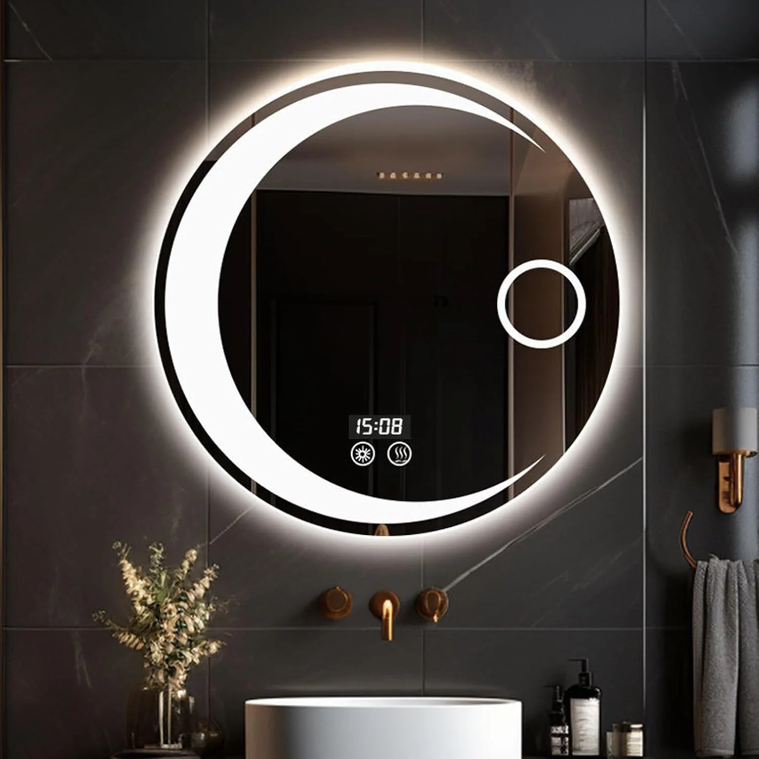 آینه حمام LED با چراغ، آینه لمسی هوشمند ماه شکل، آینه ضد مه گرد نصب شده روی دیوار حمام، ایمن و ضد انفجار، مناسب برای حمام، دکوراسیون منزل (نور سفید)