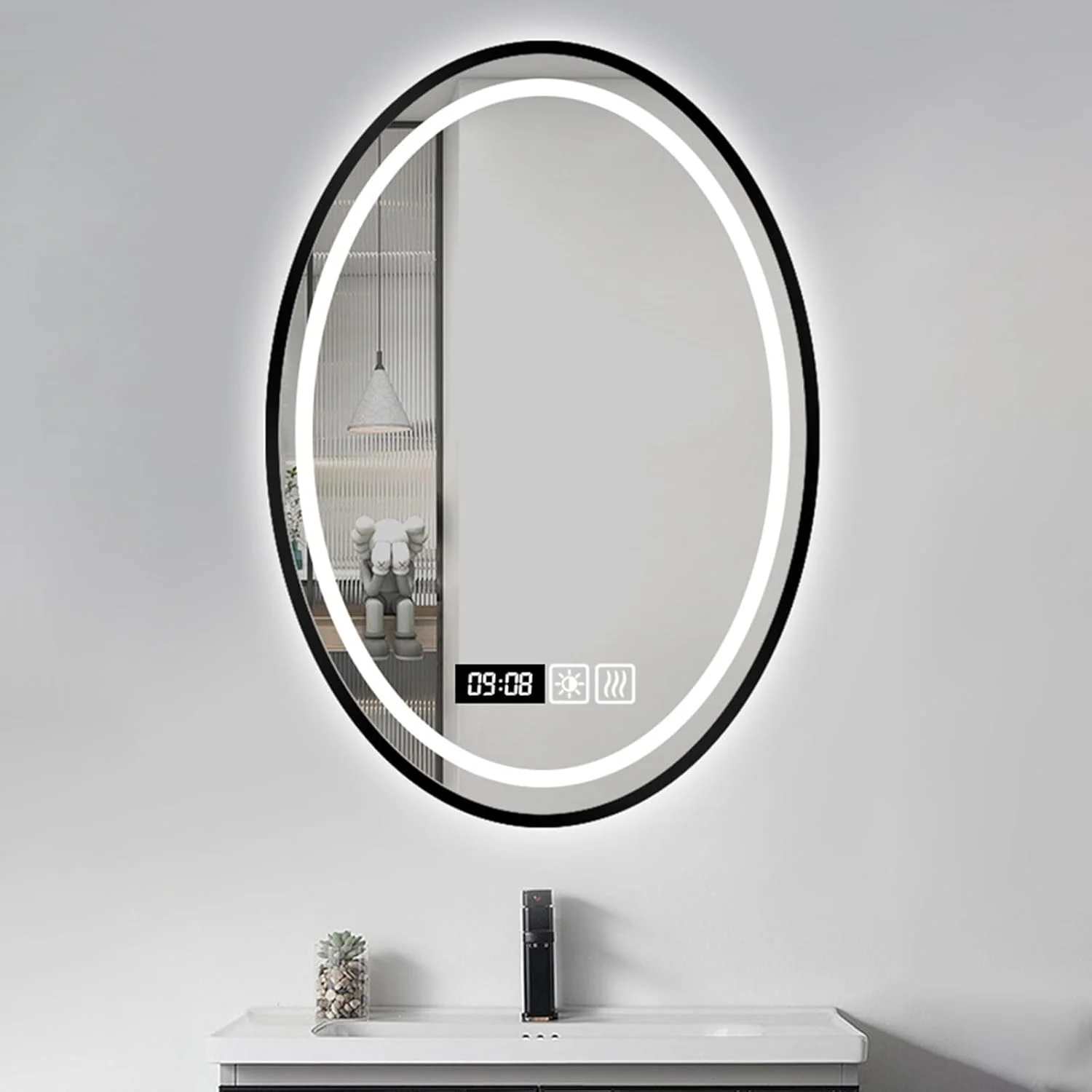 آینه بیضی ال ای دی حمام، آینه دیواری نوردار با نور سه رنگ، با قابلیت تنظیم نور بی نهایت، آینه نوردار ضد بخار هوشمند با کلید لمسی، مناسب برای هتل ها، آرایشگاه ها، استفاده خانگی (نور سفید، 27.