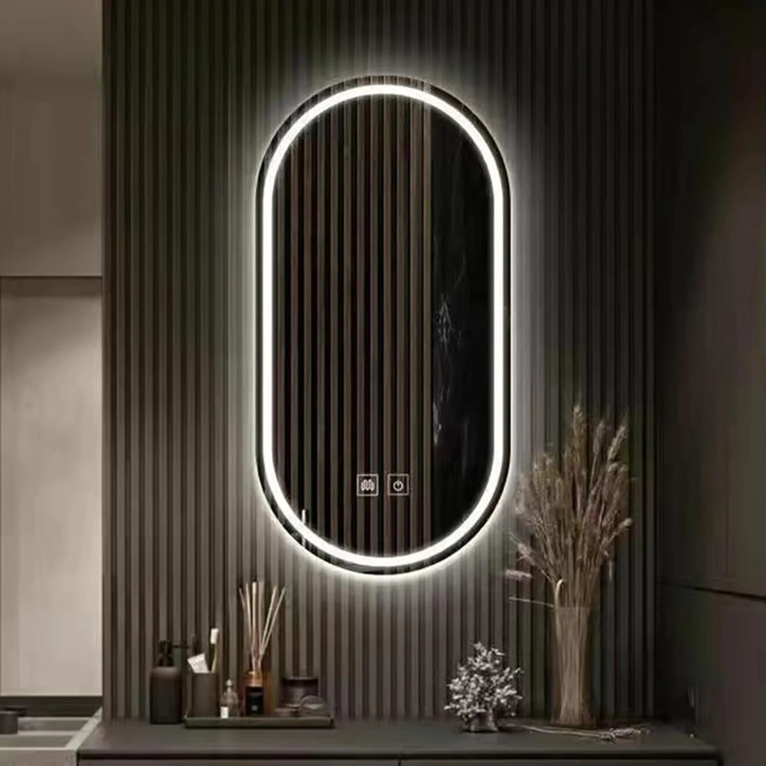 آینه حمام LED بیضی شکل، آینه دیواری با نور سه رنگ، با قابلیت تنظیم نور، آینه هوشمند ضد بخار با دکمه لمسی، مناسب برای حمام، هتل (60 * 120 سانتی متر)