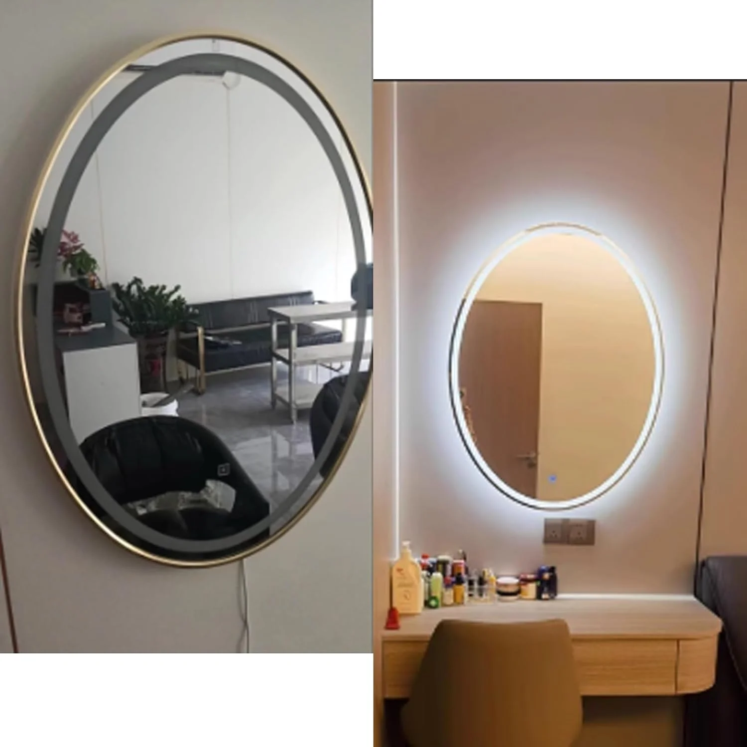 آینه بیضی ال ای دی حمام، آینه دیواری نوردار با نور سه رنگ، با قابلیت تنظیم نور بی نهایت، آینه نوردار ضد بخار هوشمند با کلید لمسی، مناسب برای هتل ها، آرایشگاه ها، استفاده خانگی (نور سفید، 27.