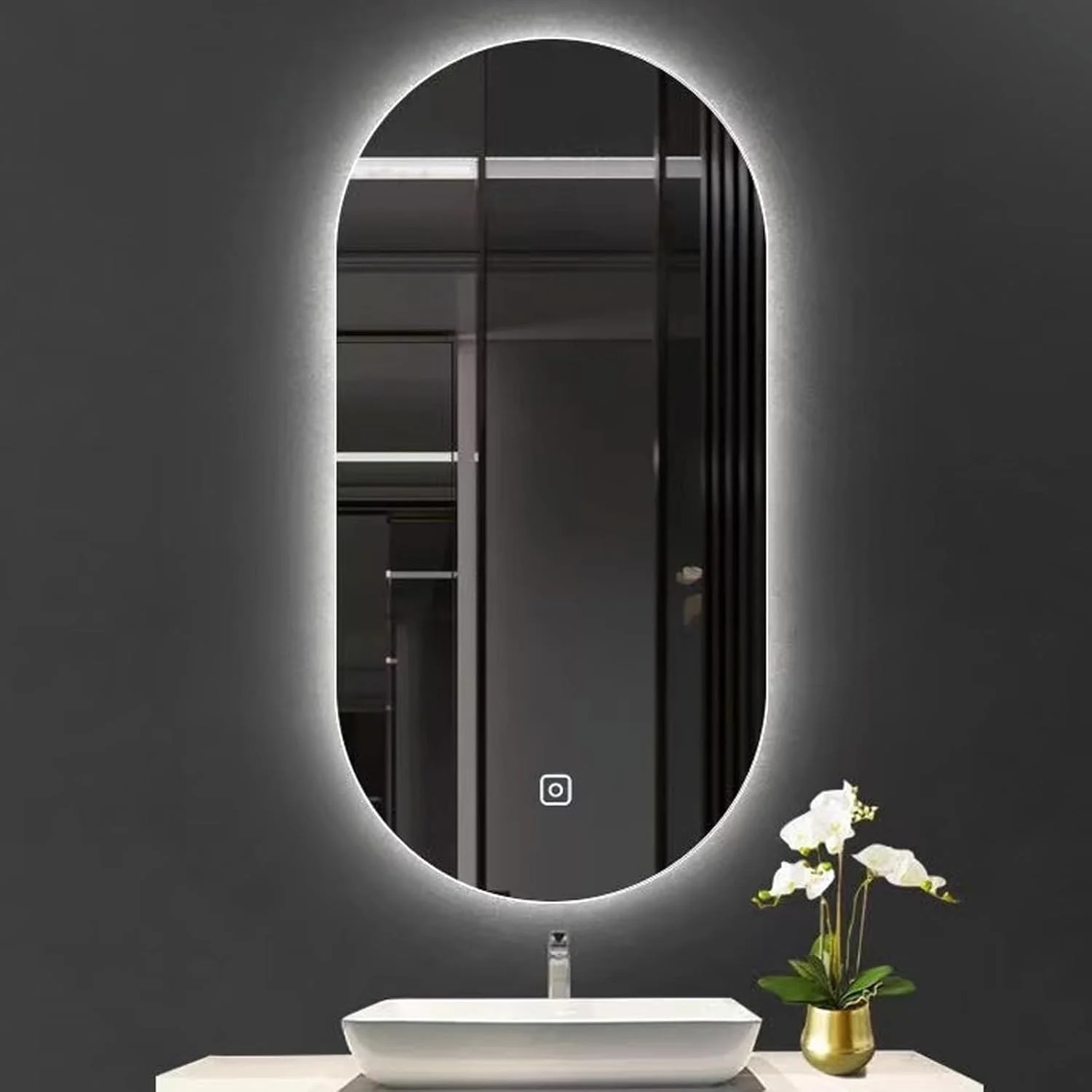 آینه حمام LED بیضی شکل، آینه دیواری با نور سه رنگ، با قابلیت تنظیم نور، آینه هوشمند ضد بخار با دکمه لمسی، مناسب برای حمام، هتل (60 * 120 سانتی متر)