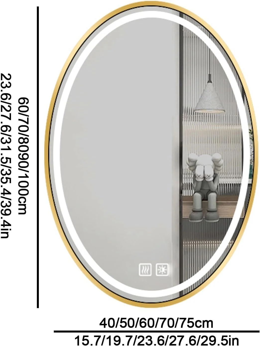 آینه بیضی ال ای دی حمام، آینه دیواری نوردار با نور سه رنگ، با قابلیت تنظیم نور بی نهایت، آینه نوردار ضد بخار هوشمند با کلید لمسی، مناسب برای هتل ها، آرایشگاه ها، استفاده خانگی (نور سفید، 27.