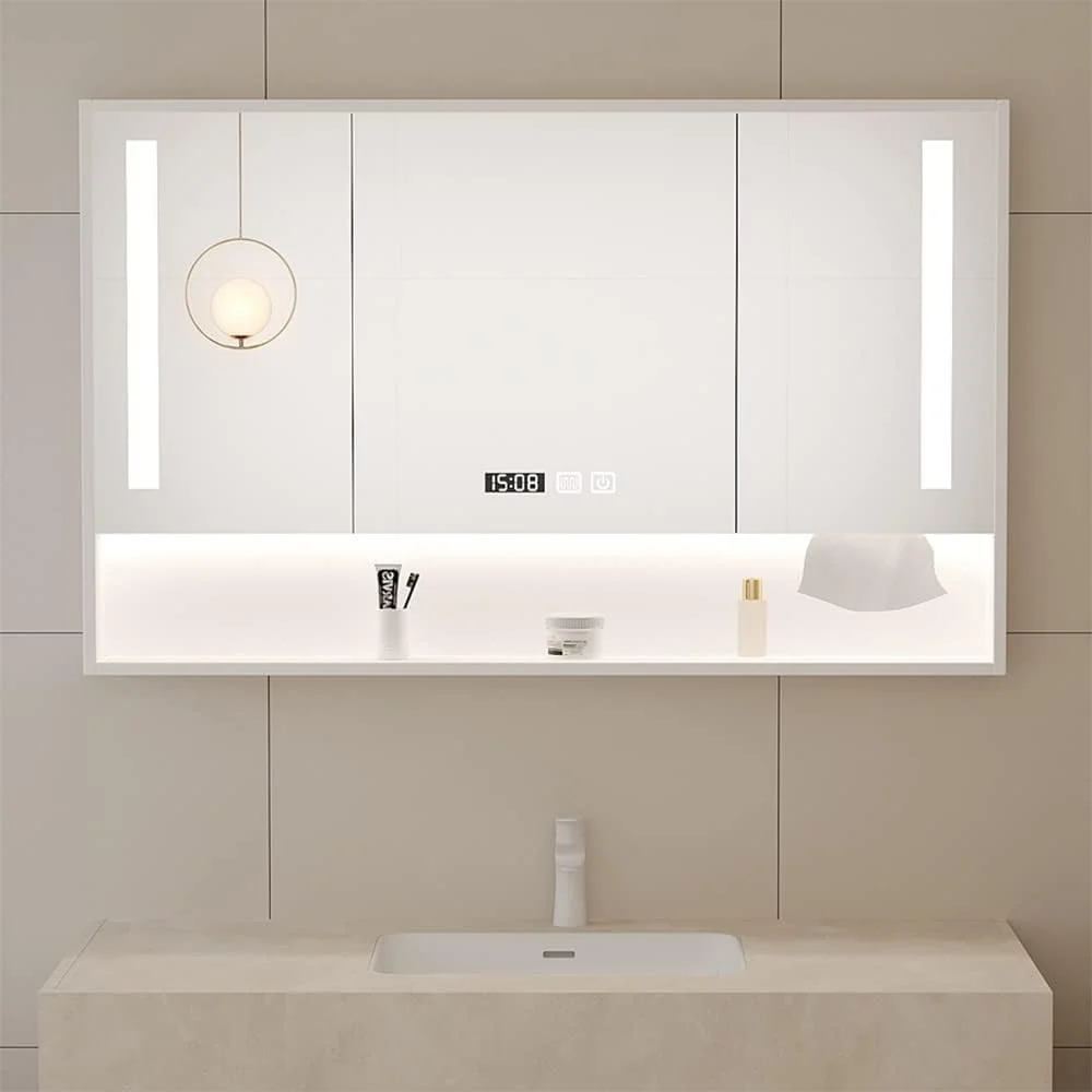 آینه روشویی کابینتی، آینه دیواری مدرن LED با قاب چوبی دارای دکمه لمسی هوشمند / نمایشگر زمان (اندازه: 75 * 12 * 68 سانتی متر)، چندکاره