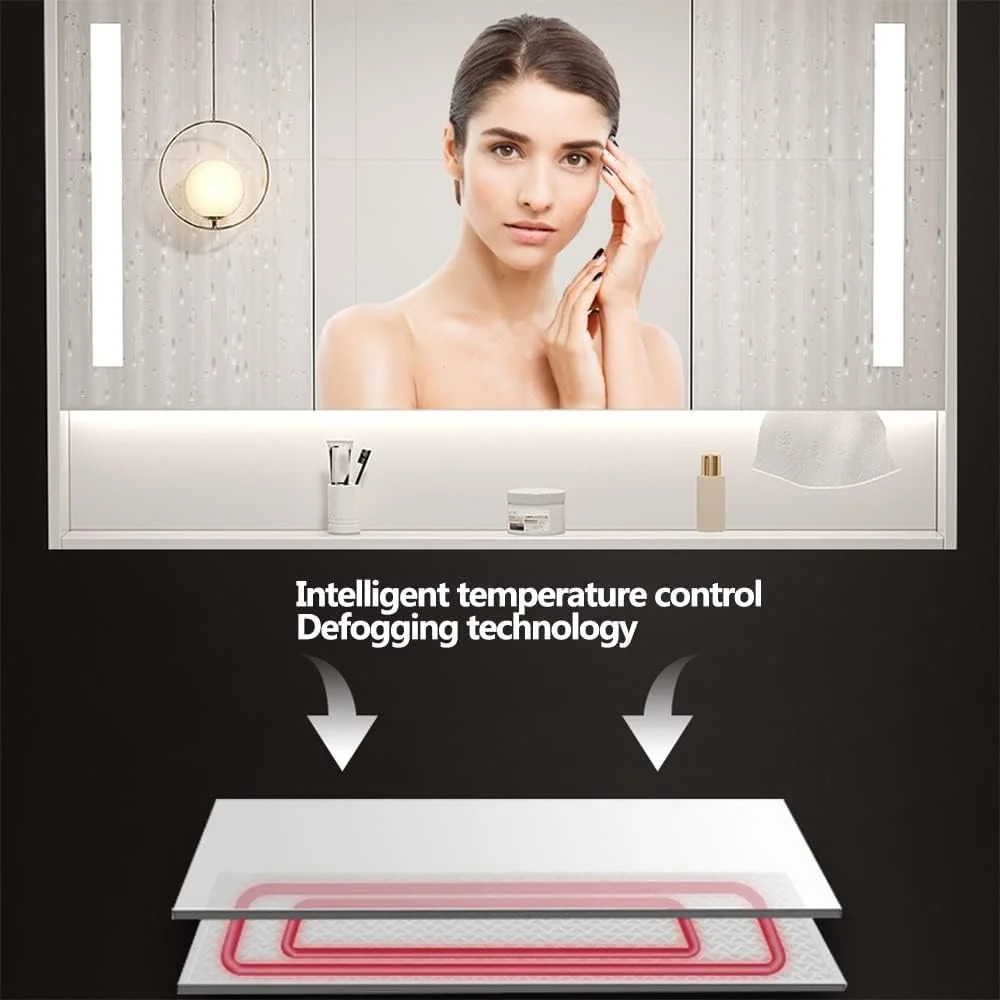 آینه روشویی کابینتی، آینه دیواری مدرن LED با قاب چوبی دارای دکمه لمسی هوشمند / نمایشگر زمان (اندازه: 75 * 12 * 68 سانتی متر)، چندکاره