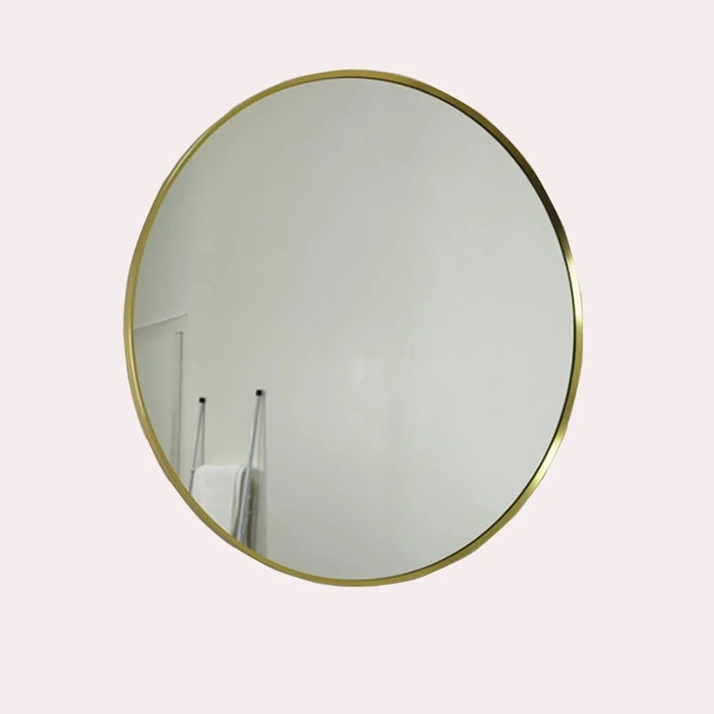 آینه گرد دیواری برای حمام، آینه آرایش با قاب آلومینیومی، مناسب اتاق خواب، آینه روشویی، آینه ورودی (رنگ: طلایی، سایز: 50 سانتی متر)
