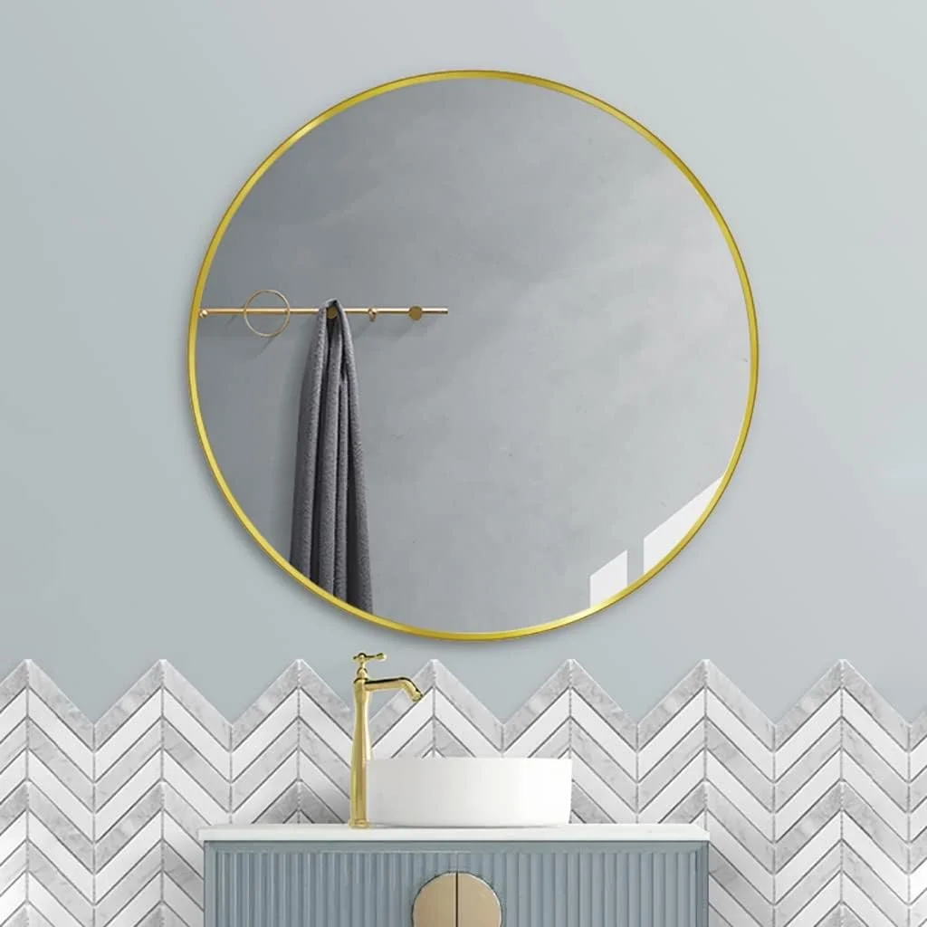 آینه گرد دیواری برای حمام، آینه آرایش با قاب آلومینیومی، مناسب اتاق خواب، آینه روشویی، آینه ورودی (رنگ: طلایی، سایز: 50 سانتی متر)