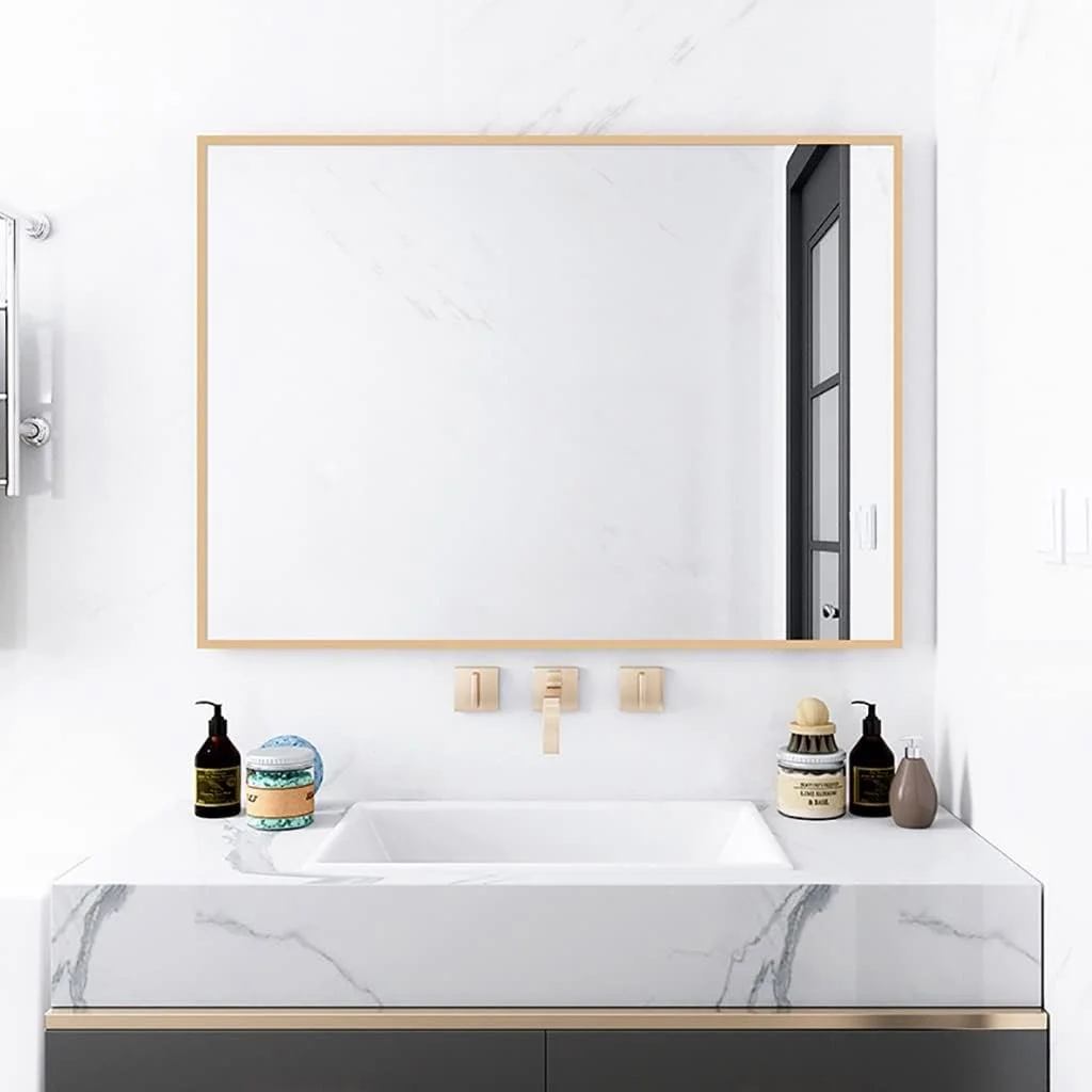 آینه حمام، آینه گرد دیواری با قاب آلومینیومی، آینه آرایش، آینه اتاق خواب، آینه ورودی (رنگ: طلایی، اندازه: 40 * 60 سانتی متر)